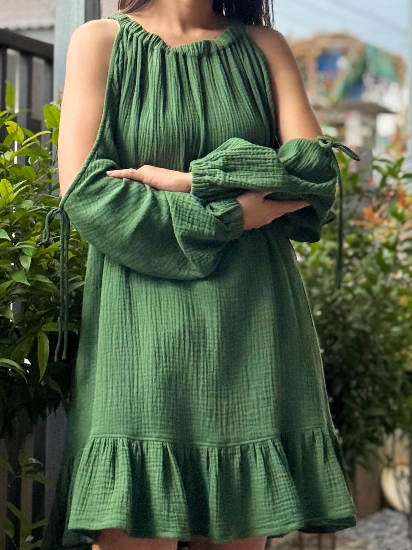 Off Shoulder Dress | Puff Sleeve Dress | Cotton Dress | Double Gauze dress |Ruffled hem Double Gauze dress