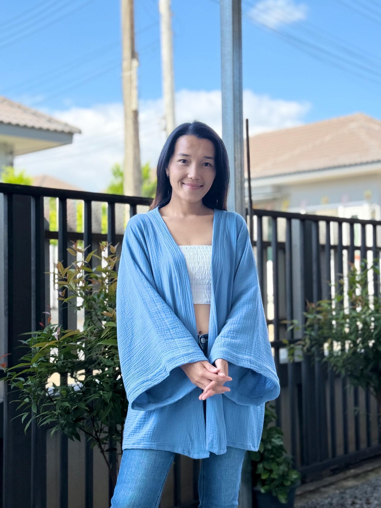 Muslin Double Gauze Kimono Loose Cover Up With Pockets