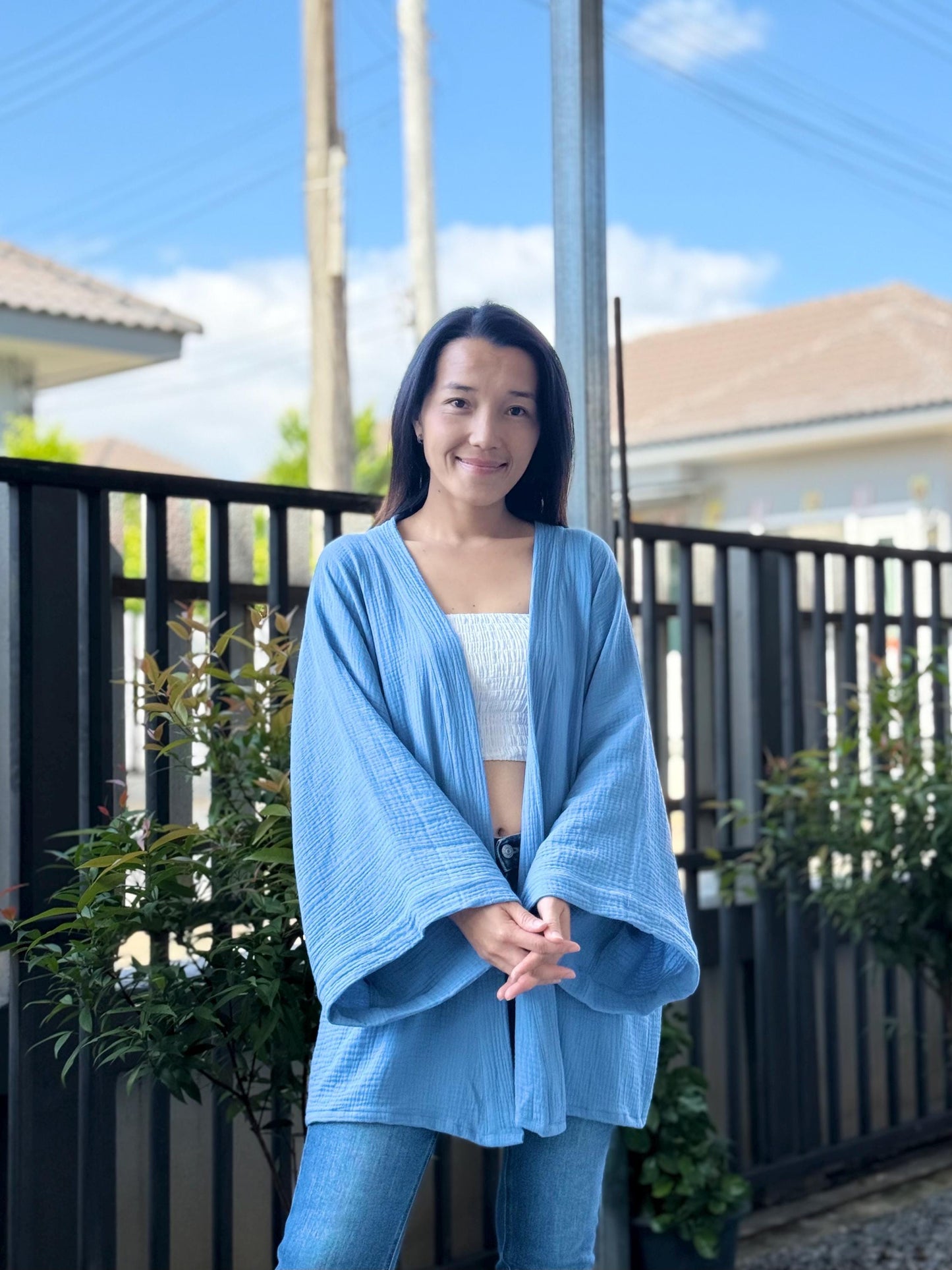 Muslin Double Gauze Kimono Loose Cover Up With Pockets