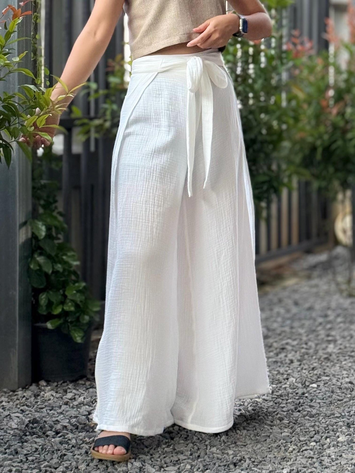 Split Wide Leg Tied Pants | Bali Beach Pants | Summer Pants | Gauze Muslin Pant |
