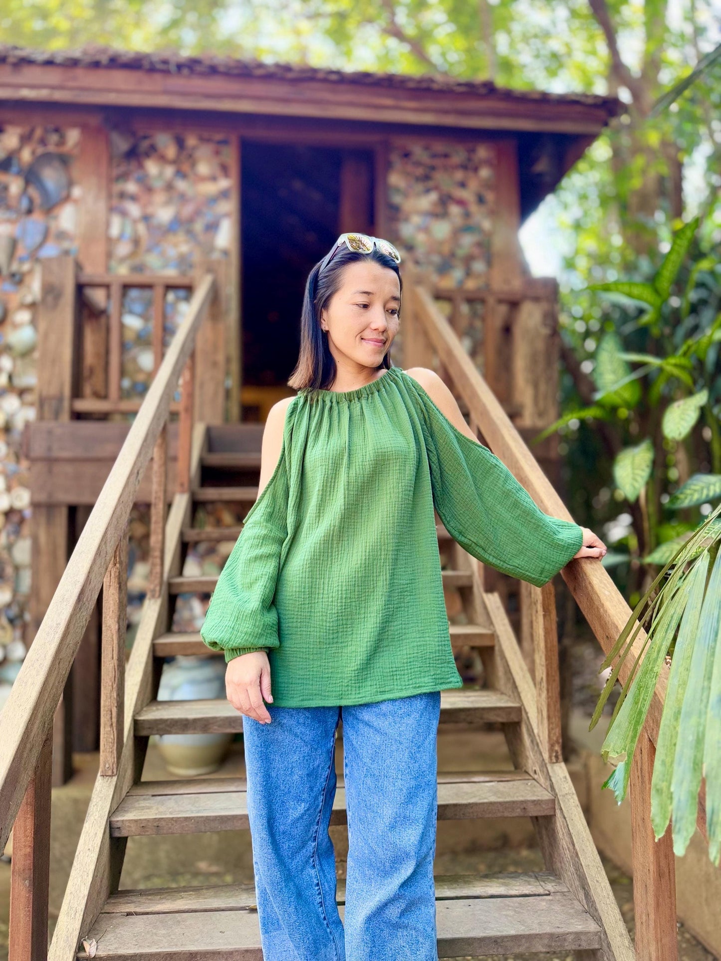 Double Gauze Long-Sleeve Round-Neck Off-Shoulder Shirt