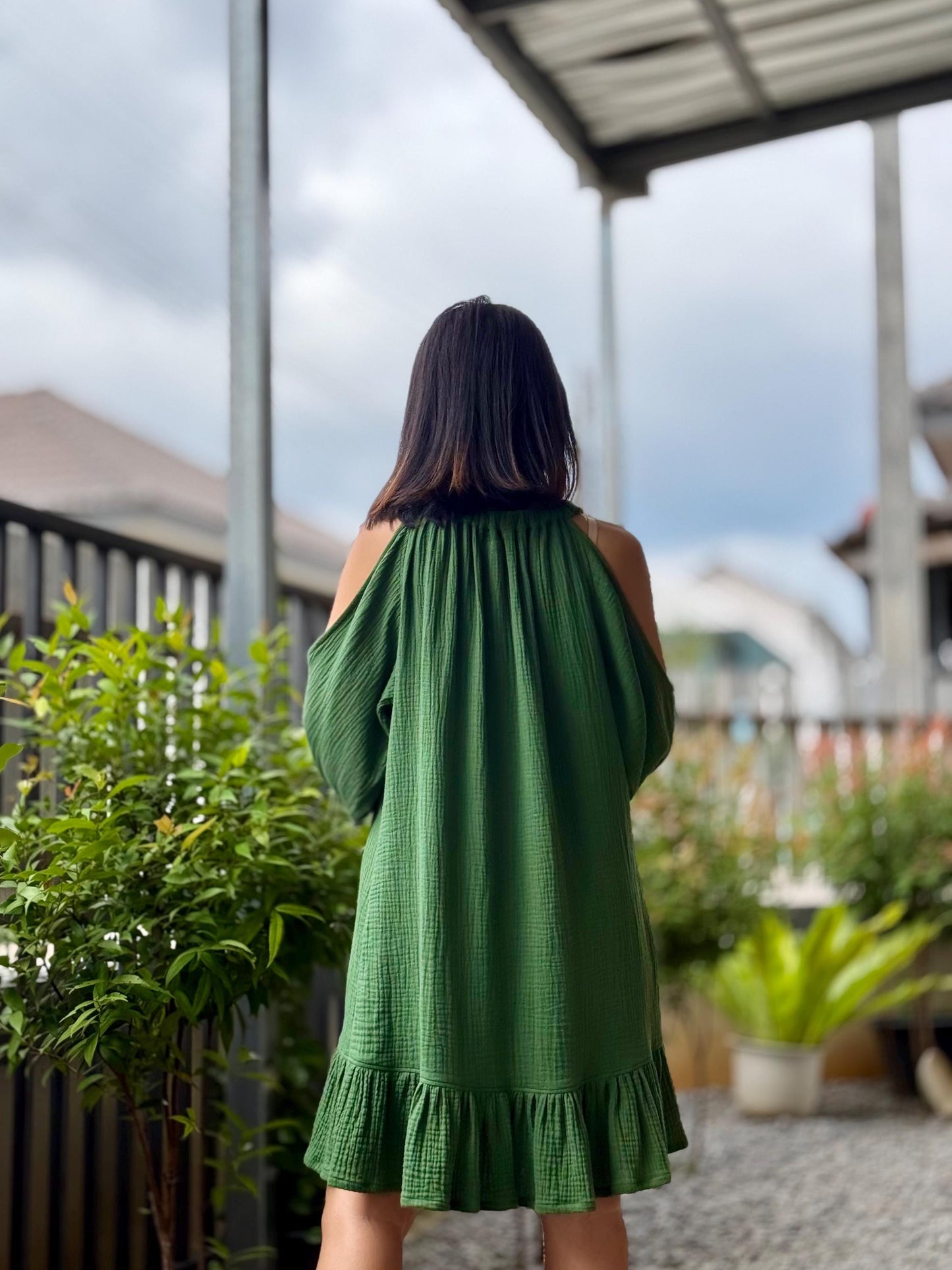 Off Shoulder Dress | Puff Sleeve Dress | Cotton Dress | Double Gauze dress |Ruffled hem Double Gauze dress