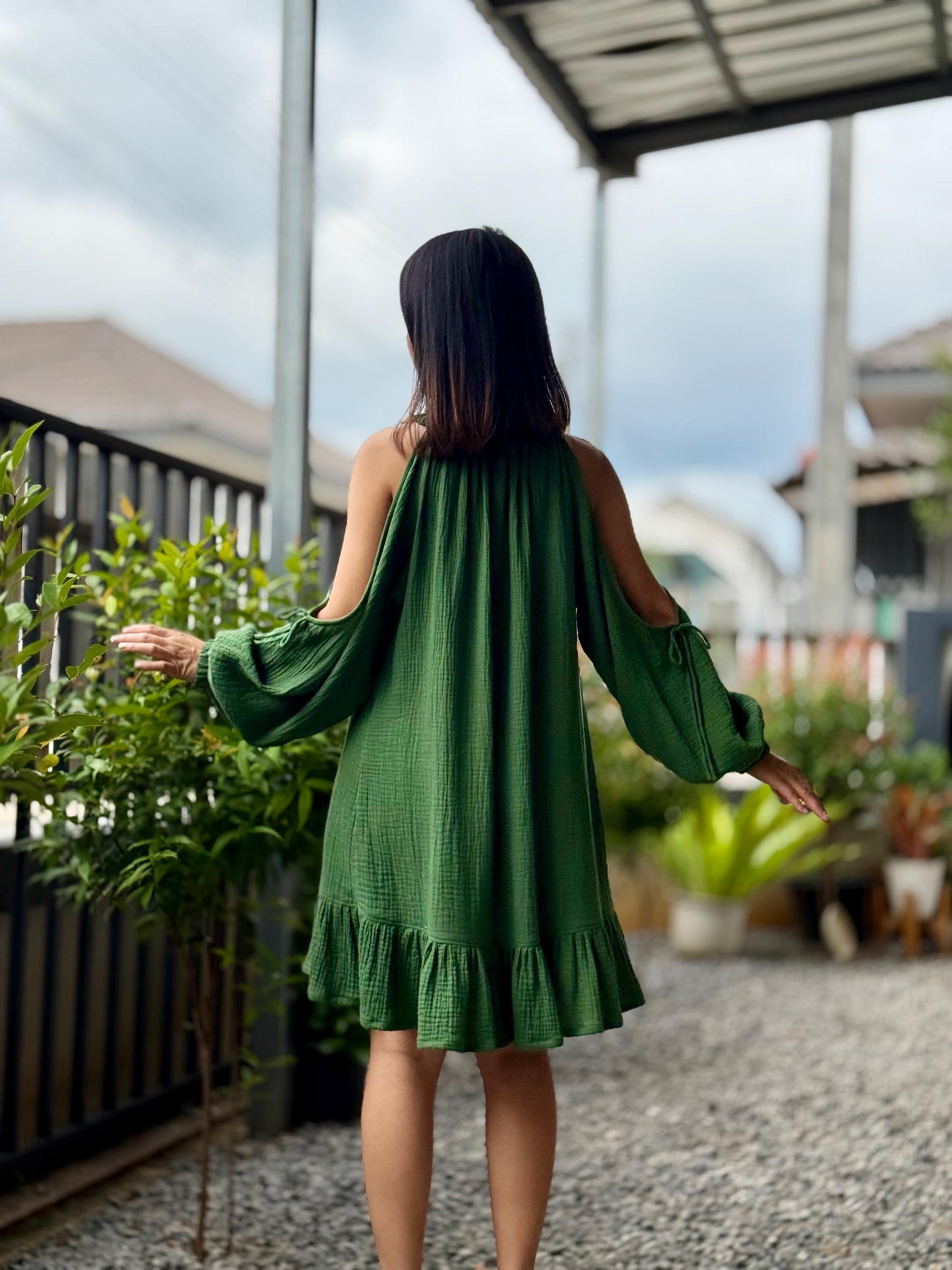 Off Shoulder Dress | Puff Sleeve Dress | Cotton Dress | Double Gauze dress |Ruffled hem Double Gauze dress