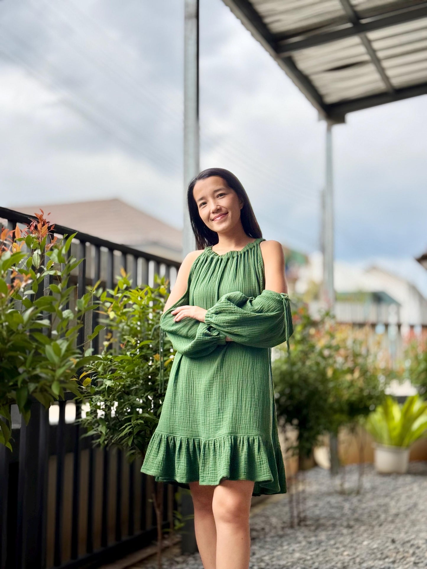 Off Shoulder Dress | Puff Sleeve Dress | Cotton Dress | Double Gauze dress |Ruffled hem Double Gauze dress