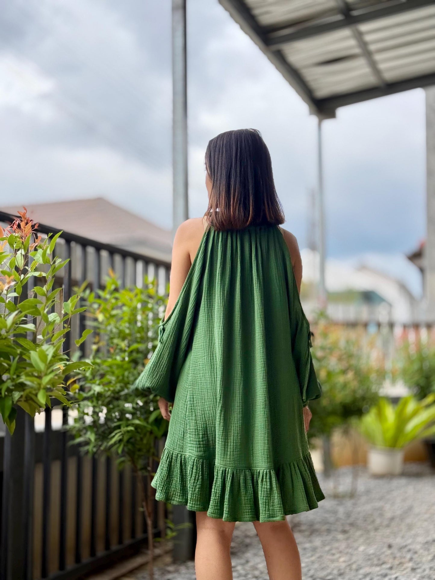 Off Shoulder Dress | Puff Sleeve Dress | Cotton Dress | Double Gauze dress |Ruffled hem Double Gauze dress