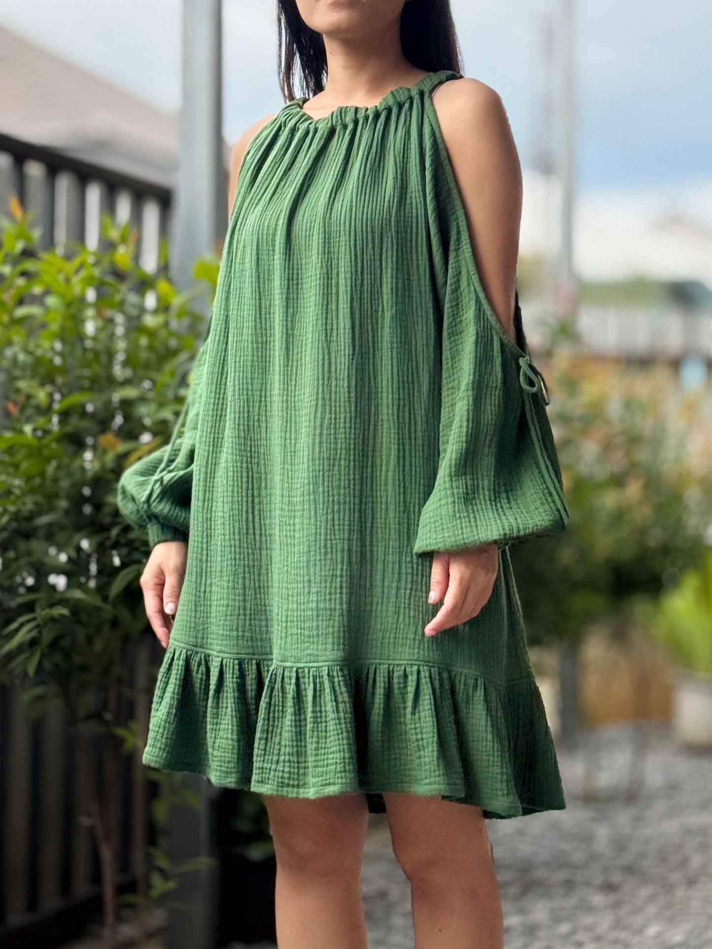 Off Shoulder Dress | Puff Sleeve Dress | Cotton Dress | Double Gauze dress |Ruffled hem Double Gauze dress