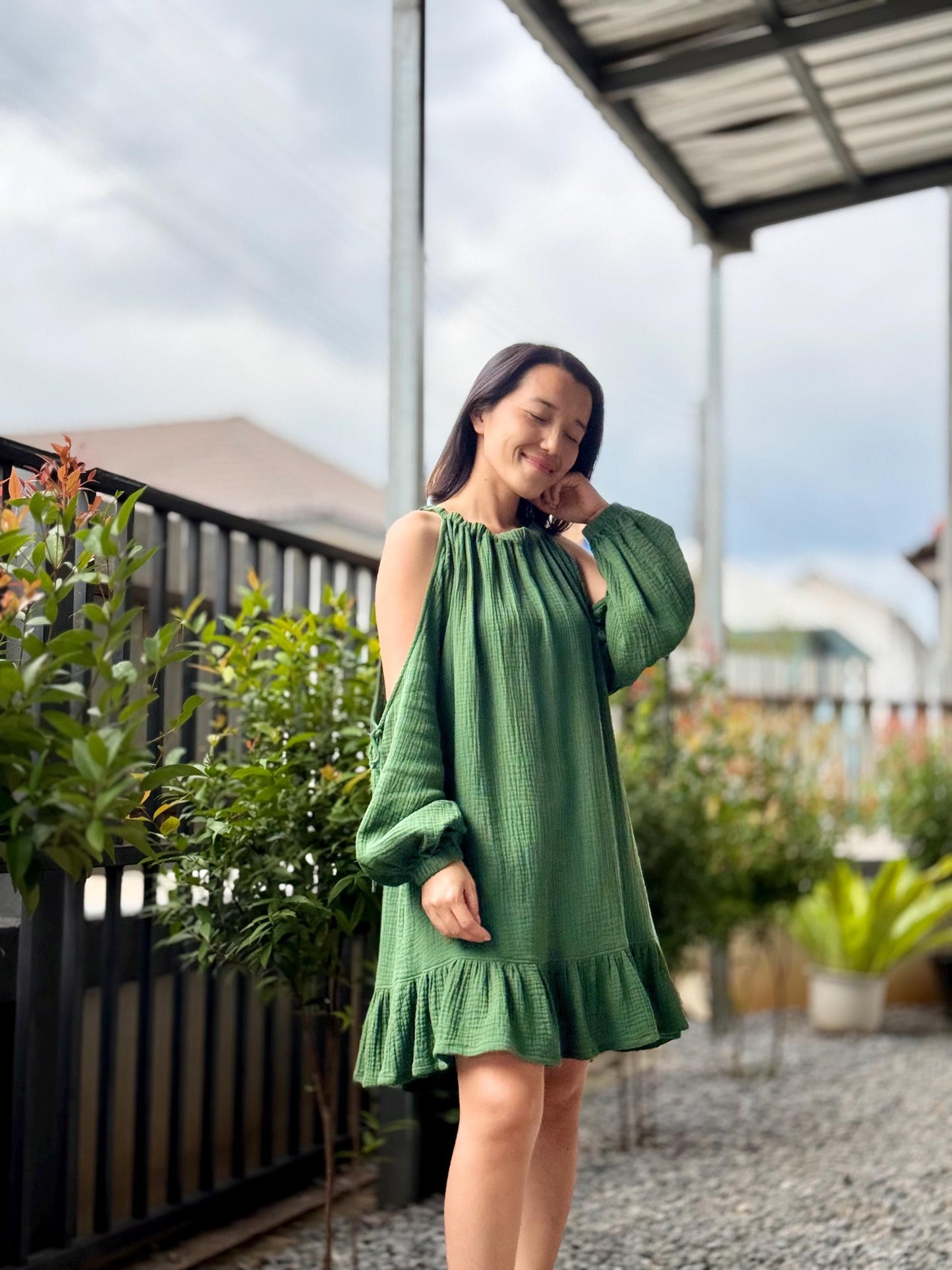 Off Shoulder Dress | Puff Sleeve Dress | Cotton Dress | Double Gauze dress |Ruffled hem Double Gauze dress