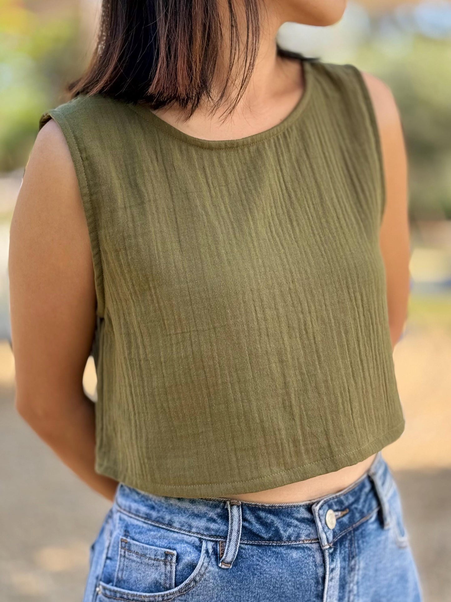 Muslin Double Gauze Sleeveless Crop Top Tank Blouse