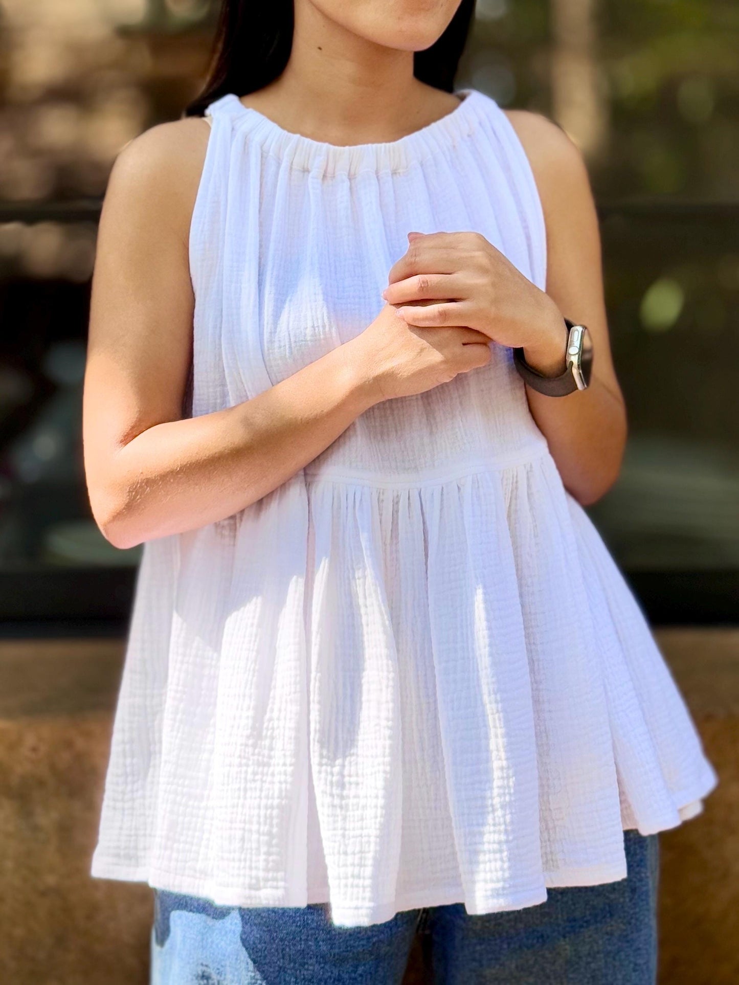 Muslin Double Gauze Blouse with Ruffles |Summer Tank Top