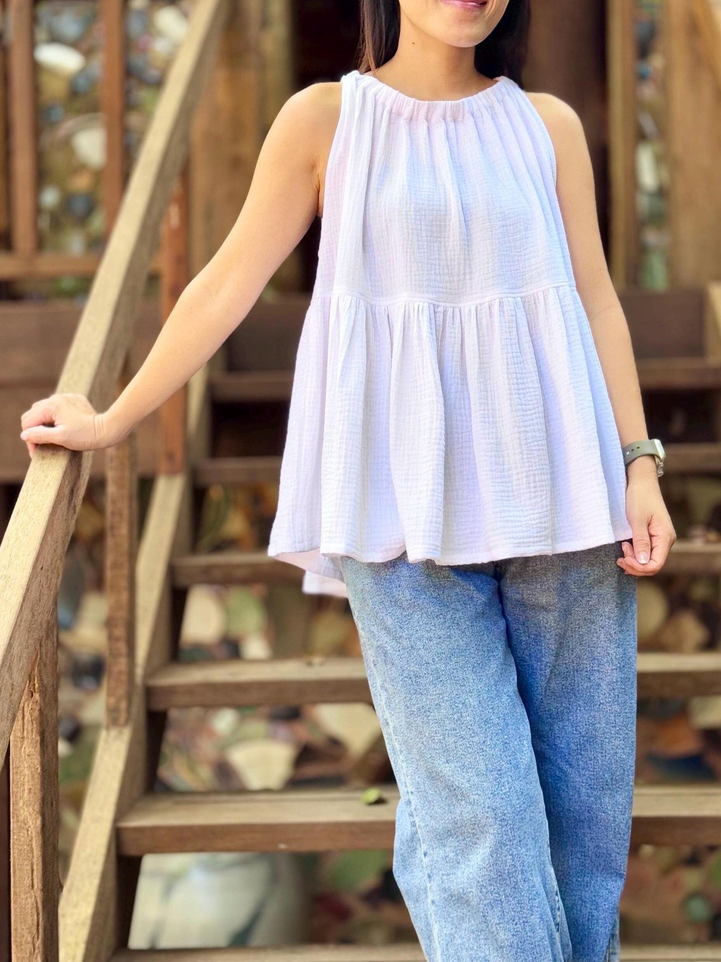 Muslin Double Gauze Blouse with Ruffles |Summer Tank Top