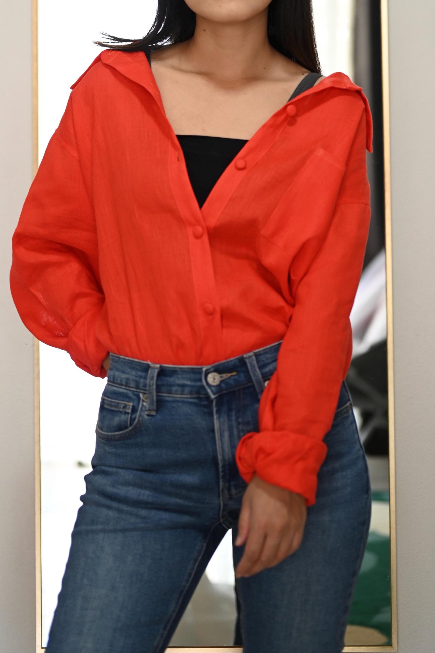 Red Orange Linen Blouse | Loose Fit Shirt