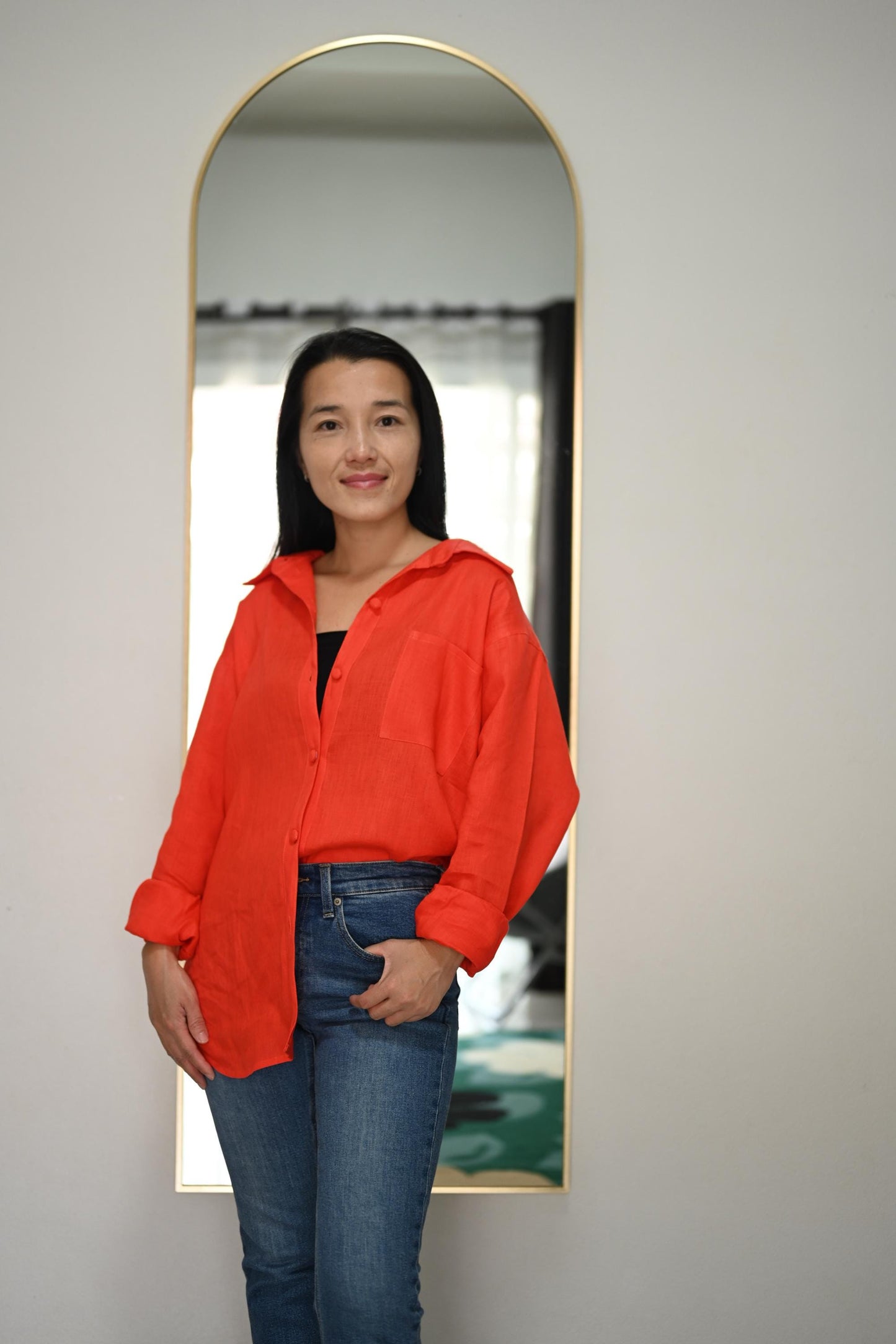 Red Orange Linen Blouse | Loose Fit Shirt
