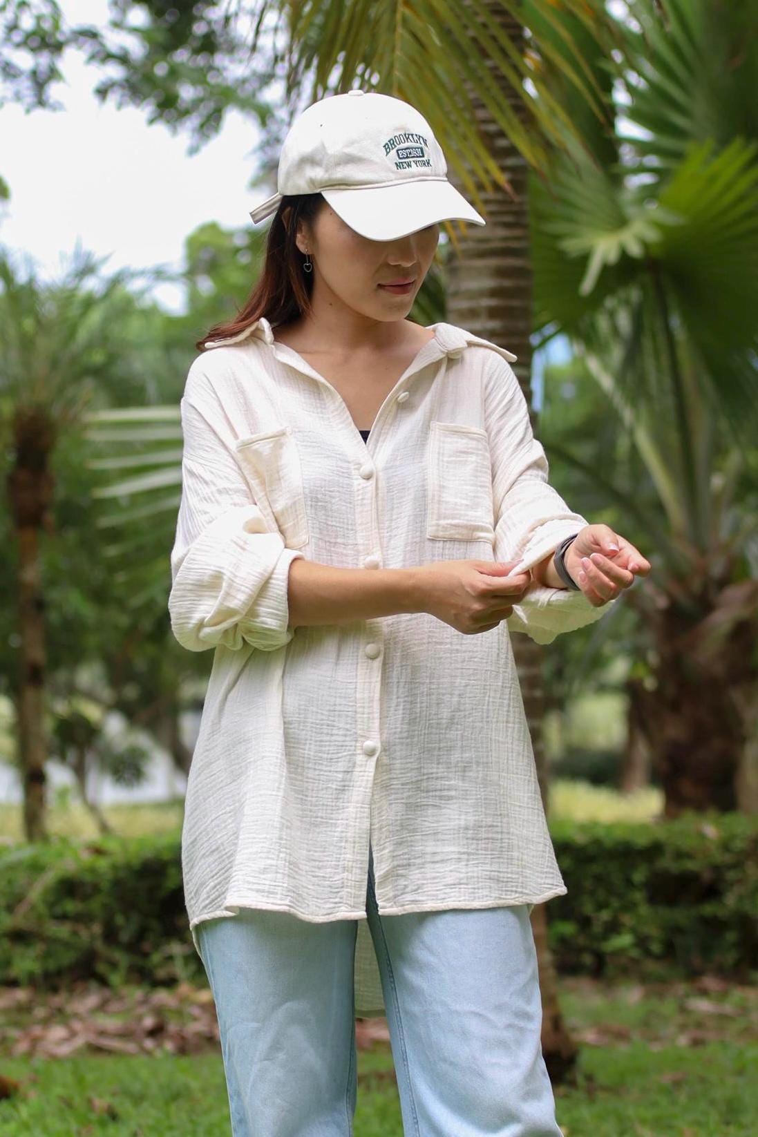 Double Gauze Loose-Fitting Long Sleeve Blouse