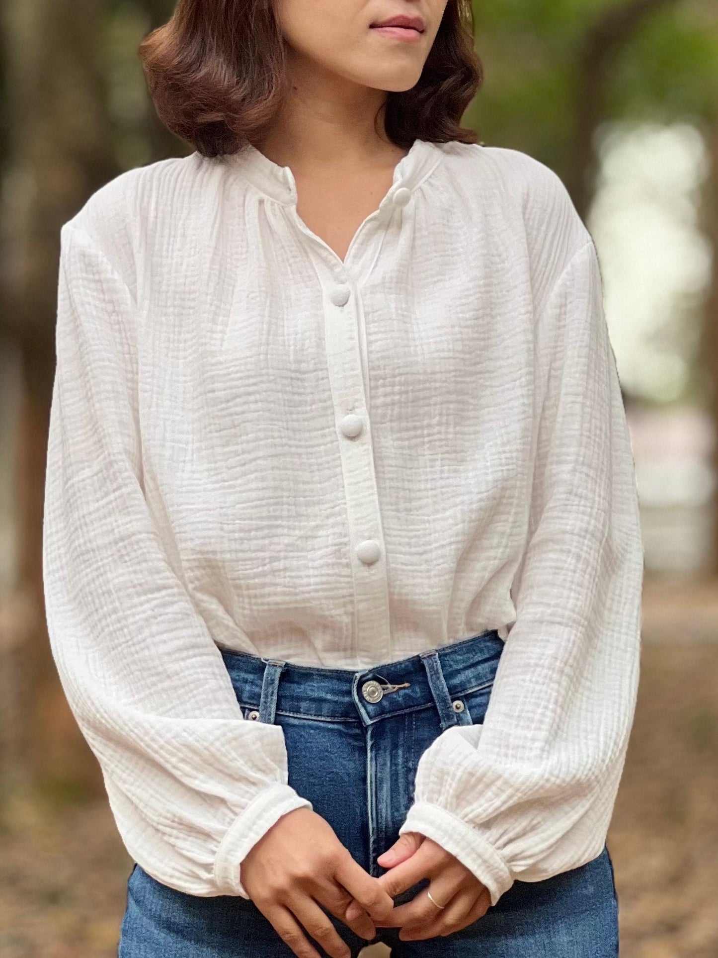 Muslin Double Gauze Band Collar Blouse | Crepe Cotton Loose Fit Shirt | Summer Shirt | Beach Wear | Swimsuit Cover