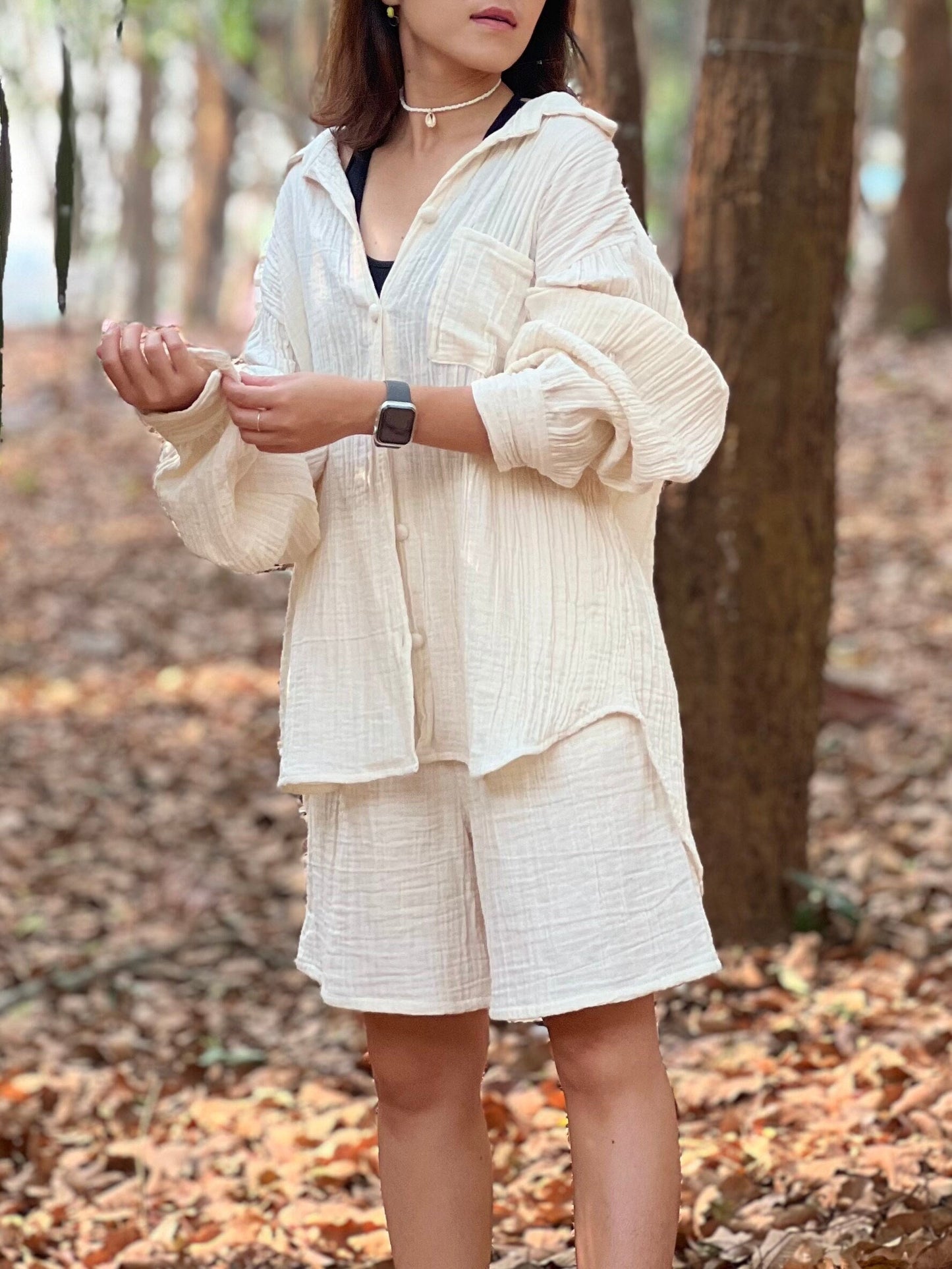 Womens Double Gauze Muslin Top and Pants Set Shorts - Loungeware