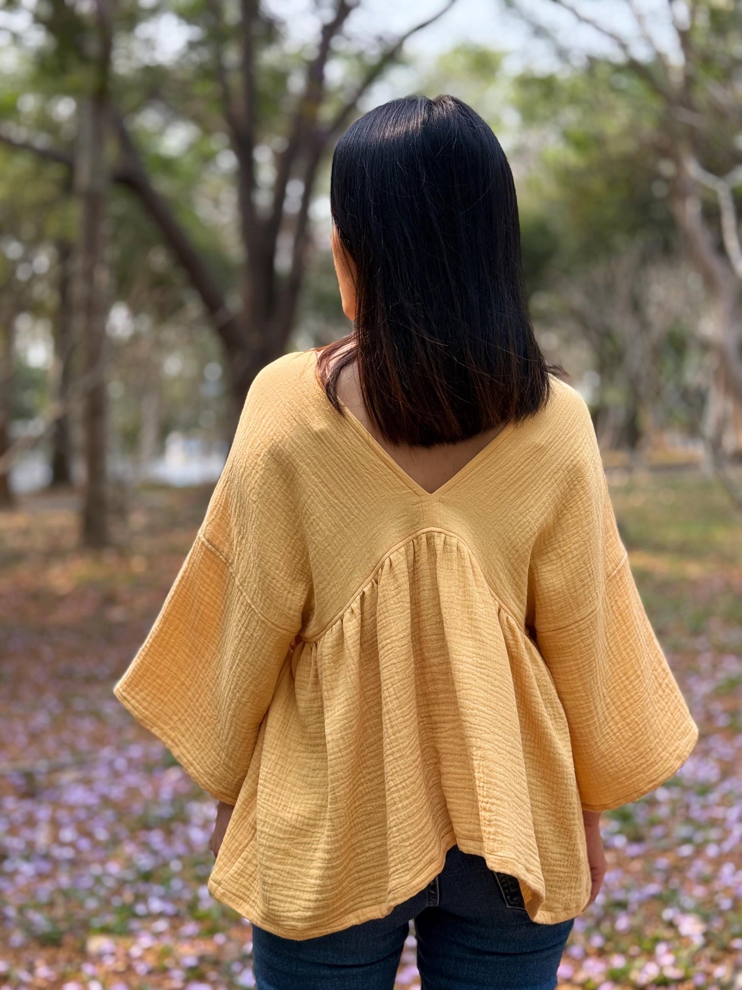 Boho Flare V-Neck Blouse in Muslin Double Gauze