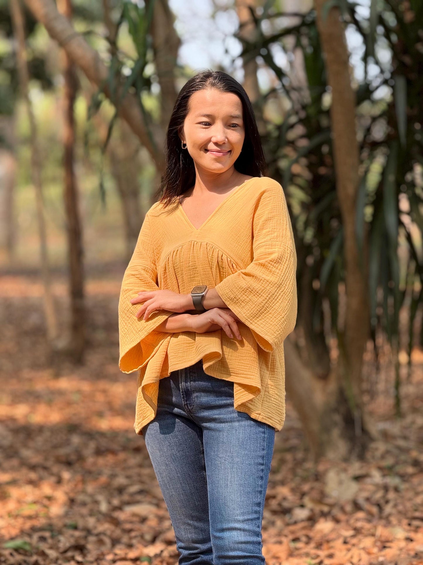 Boho Flare V-Neck Blouse in Muslin Double Gauze