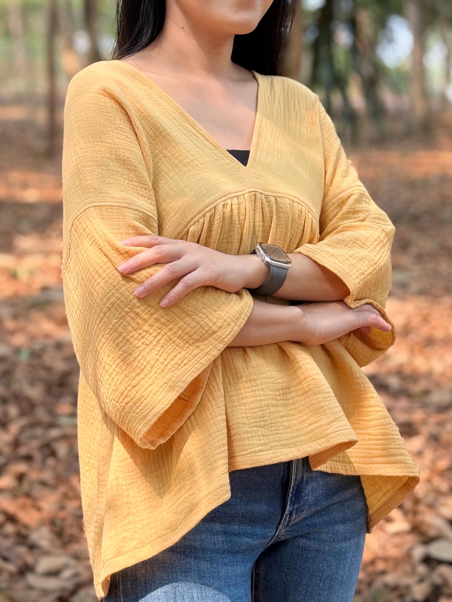Boho Flare V-Neck Blouse in Muslin Double Gauze