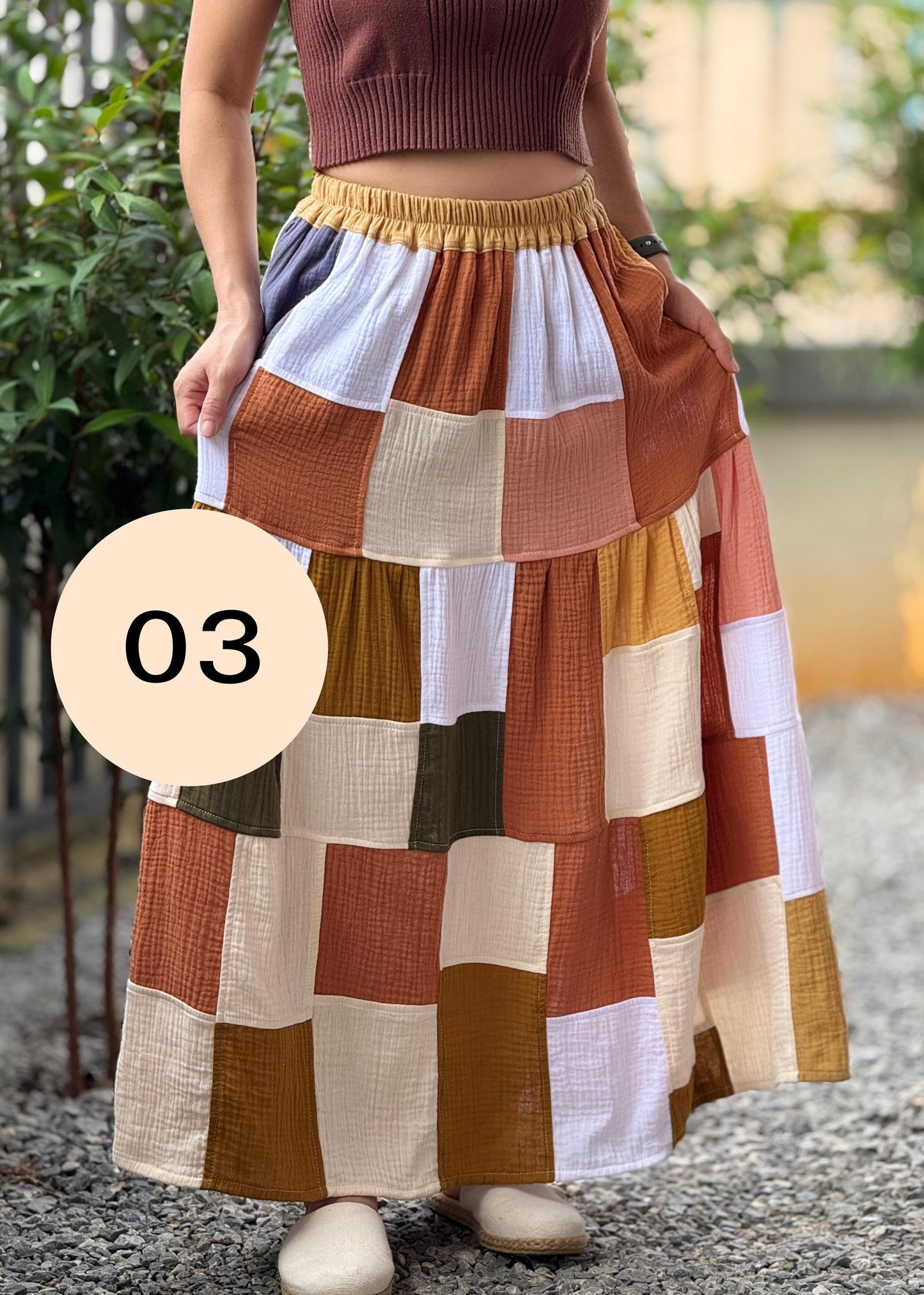 Double Gauze Boho Patch Maxi Skirt