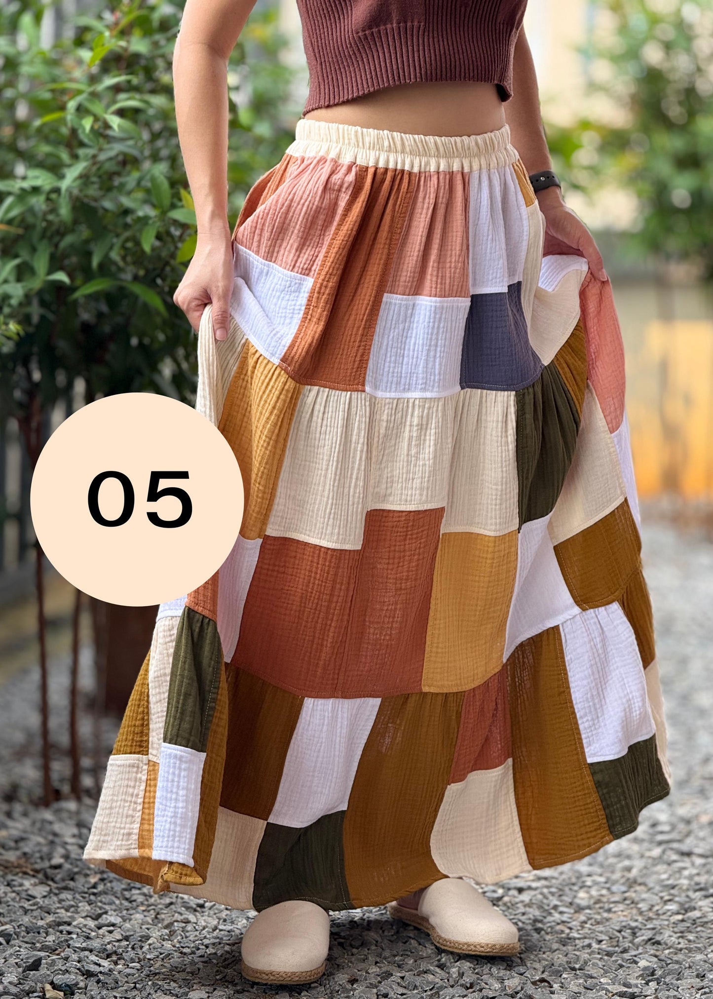 Double Gauze Boho Patch Maxi Skirt