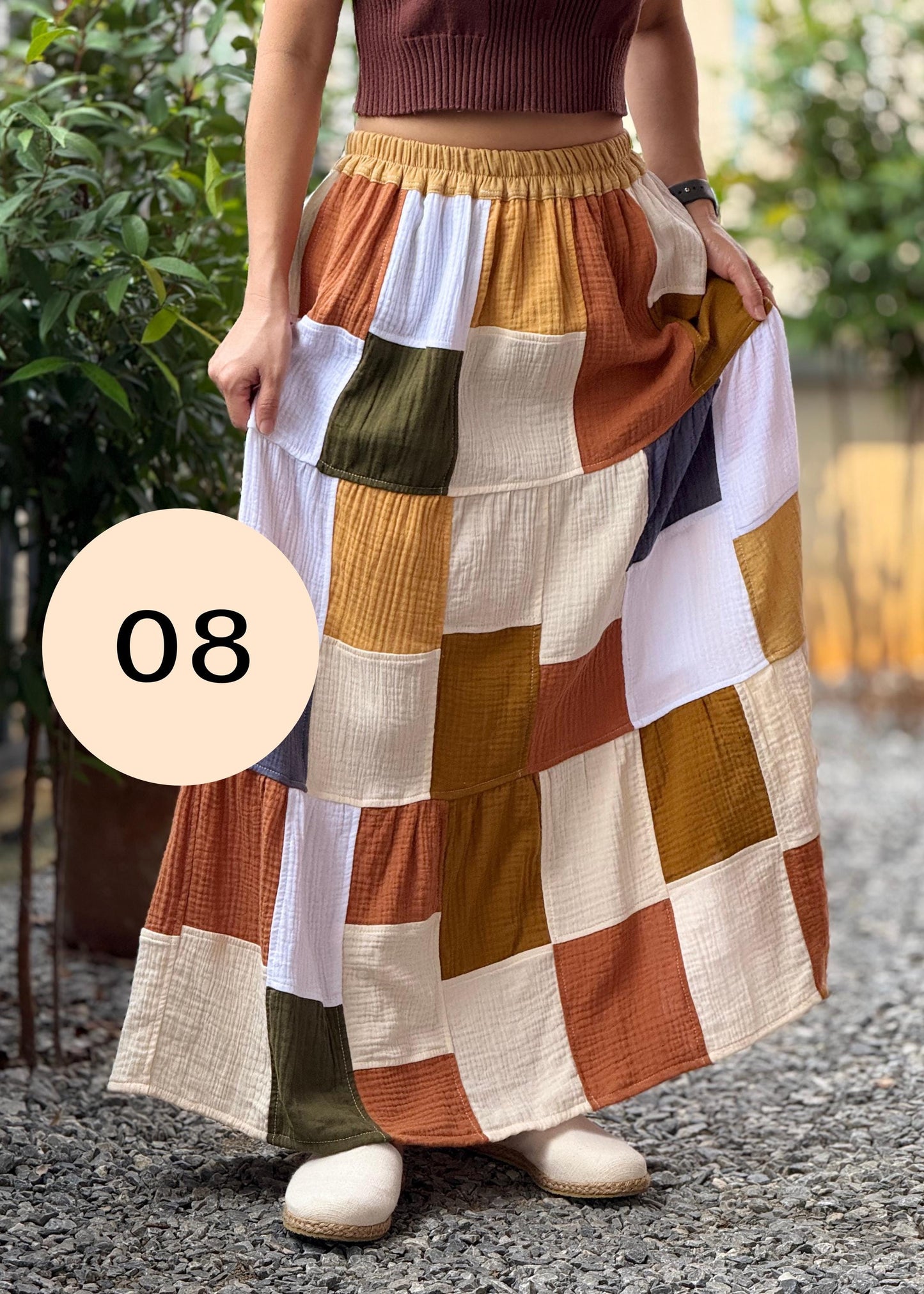 Double Gauze Boho Patch Maxi Skirt