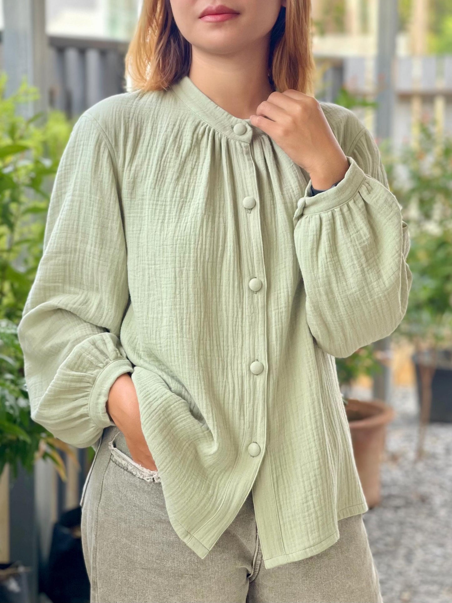 Muslin Double Gauze Band Collar Blouse | Crepe Cotton Loose Fit Shirt | Summer Shirt | Beach Wear | Swimsuit Cover