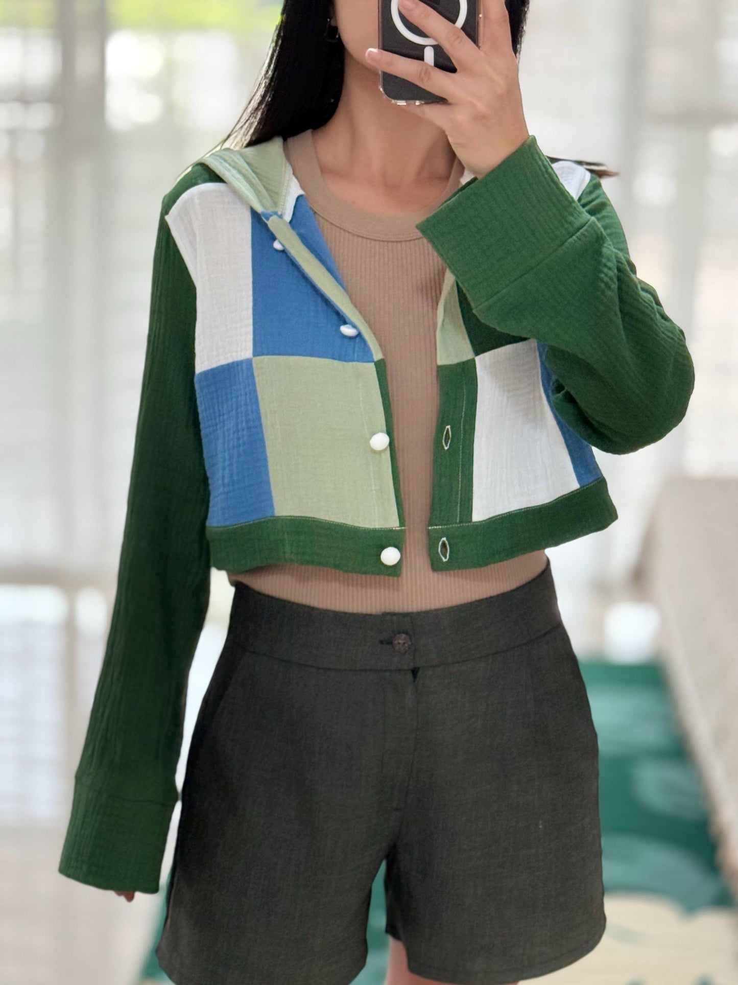 Green Breeze – Muslin Double Gauze Cropped Hoodie