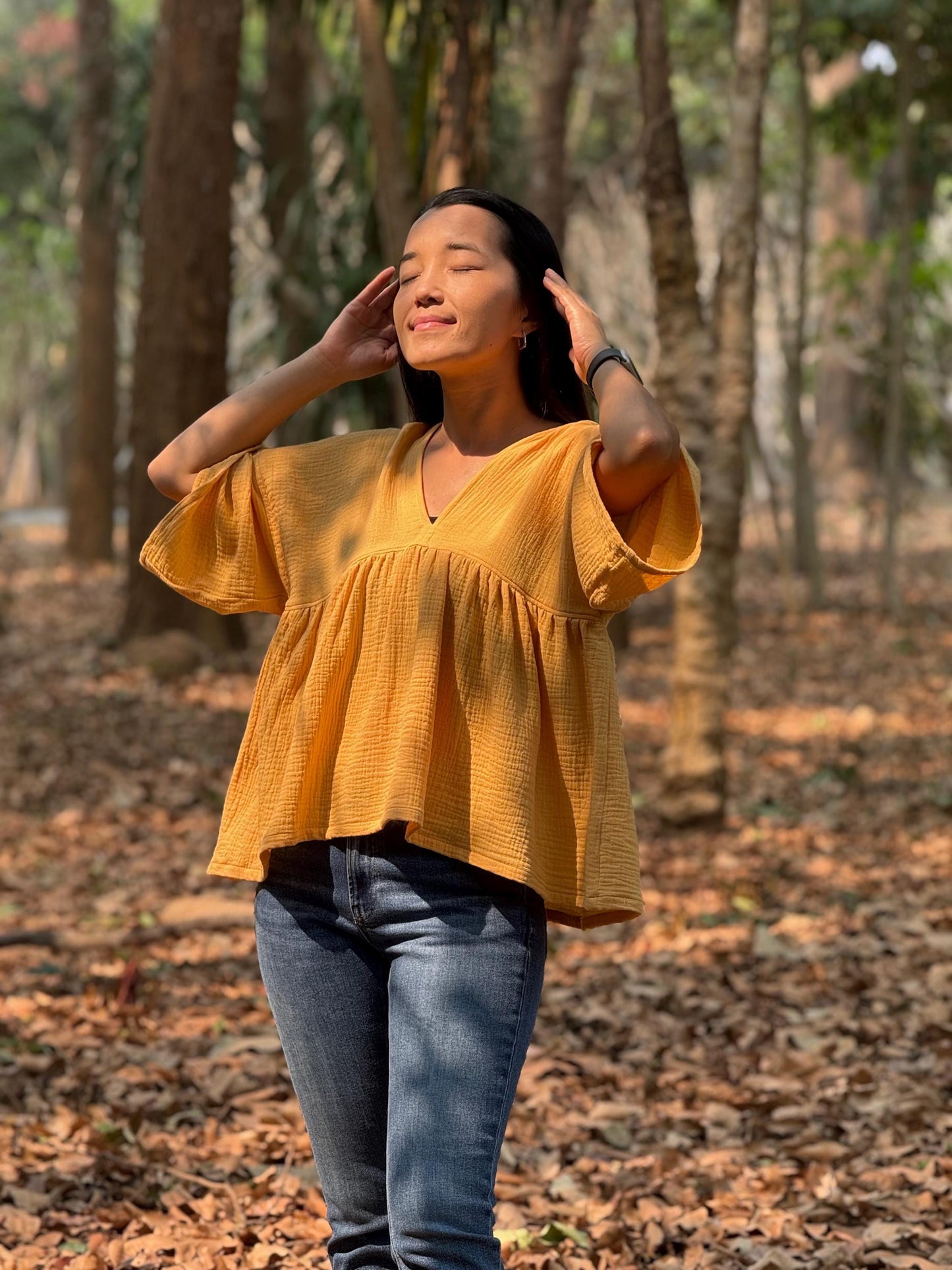 Boho Flare V-Neck Blouse in Muslin Double Gauze
