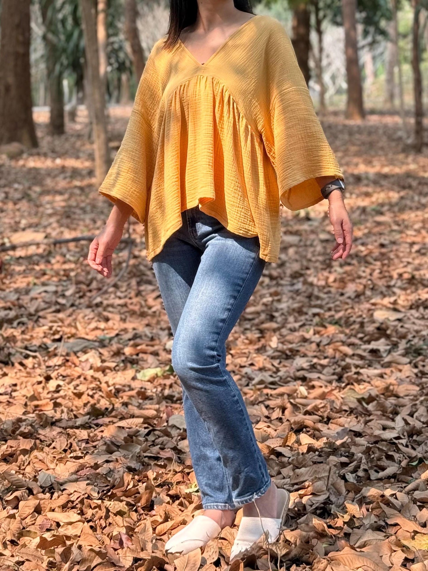 Boho Flare V-Neck Blouse in Muslin Double Gauze
