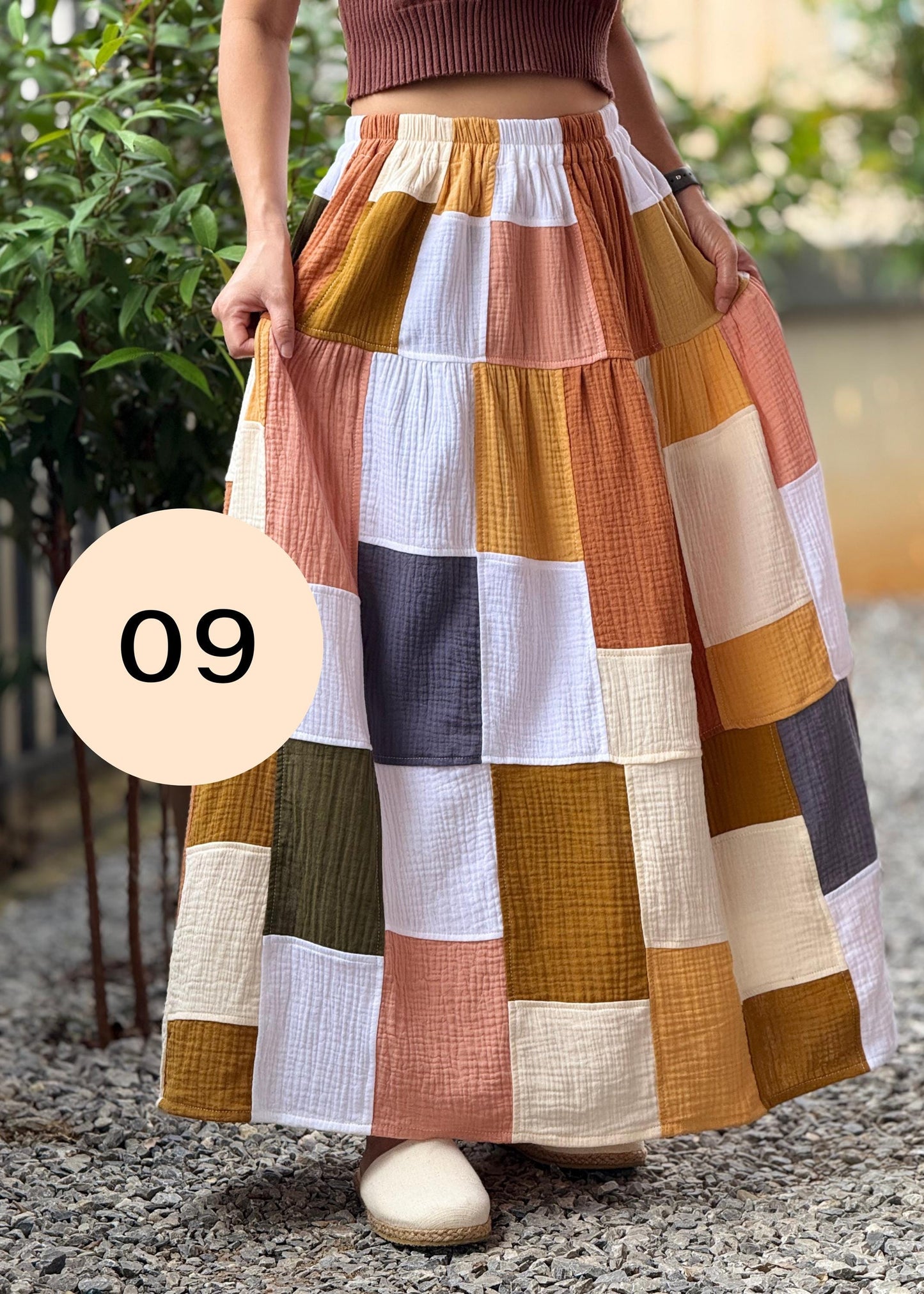 Double Gauze Boho Patch Maxi Skirt