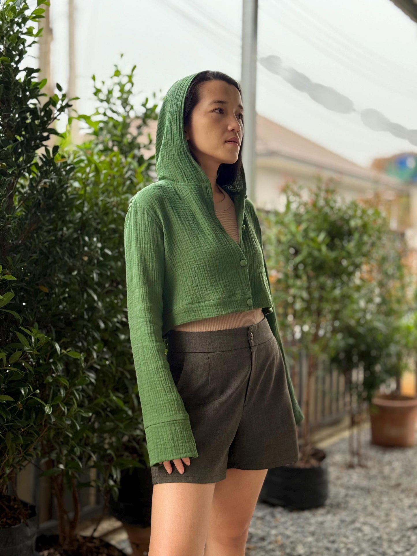 Muslin Double Gauze Cropped Hoodie