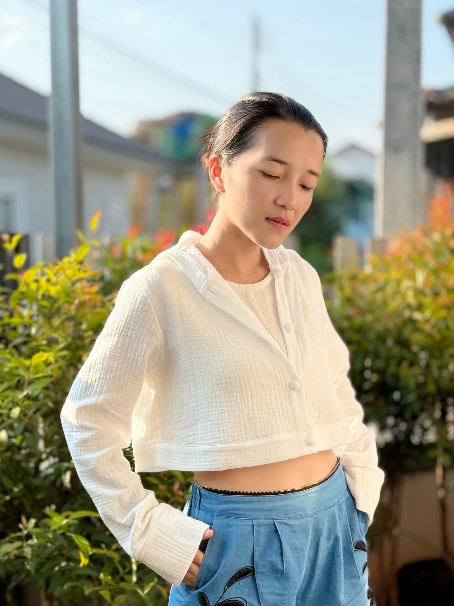 Muslin Double Gauze Cropped Hoodie