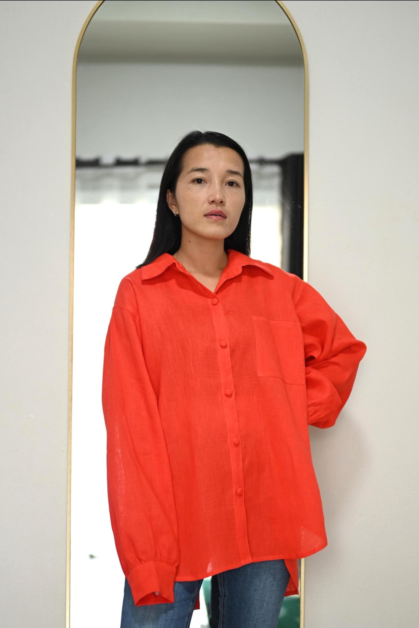 Red Orange Linen Blouse | Loose Fit Shirt