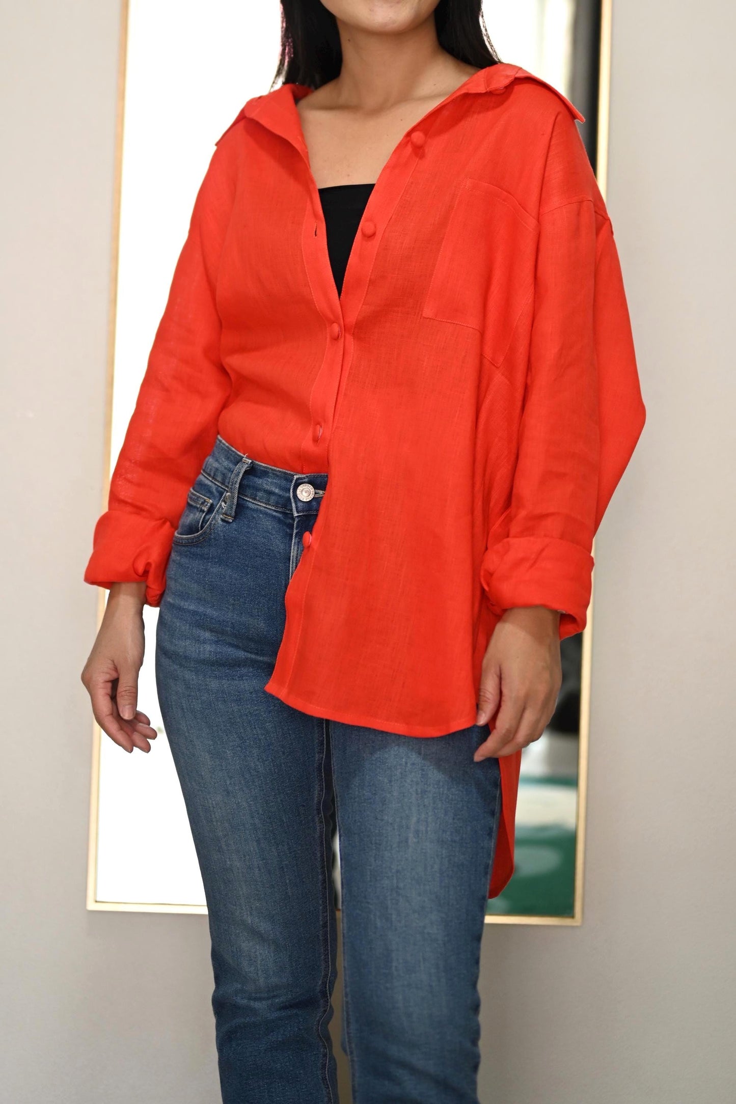Red Orange Linen Blouse | Loose Fit Shirt