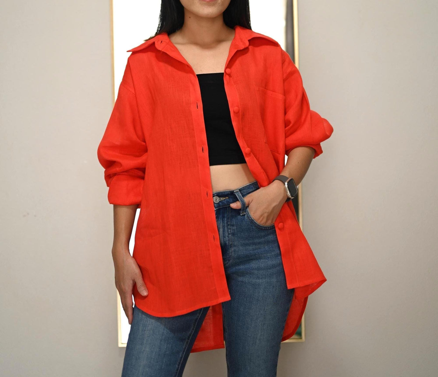 Red Orange Linen Blouse | Loose Fit Shirt