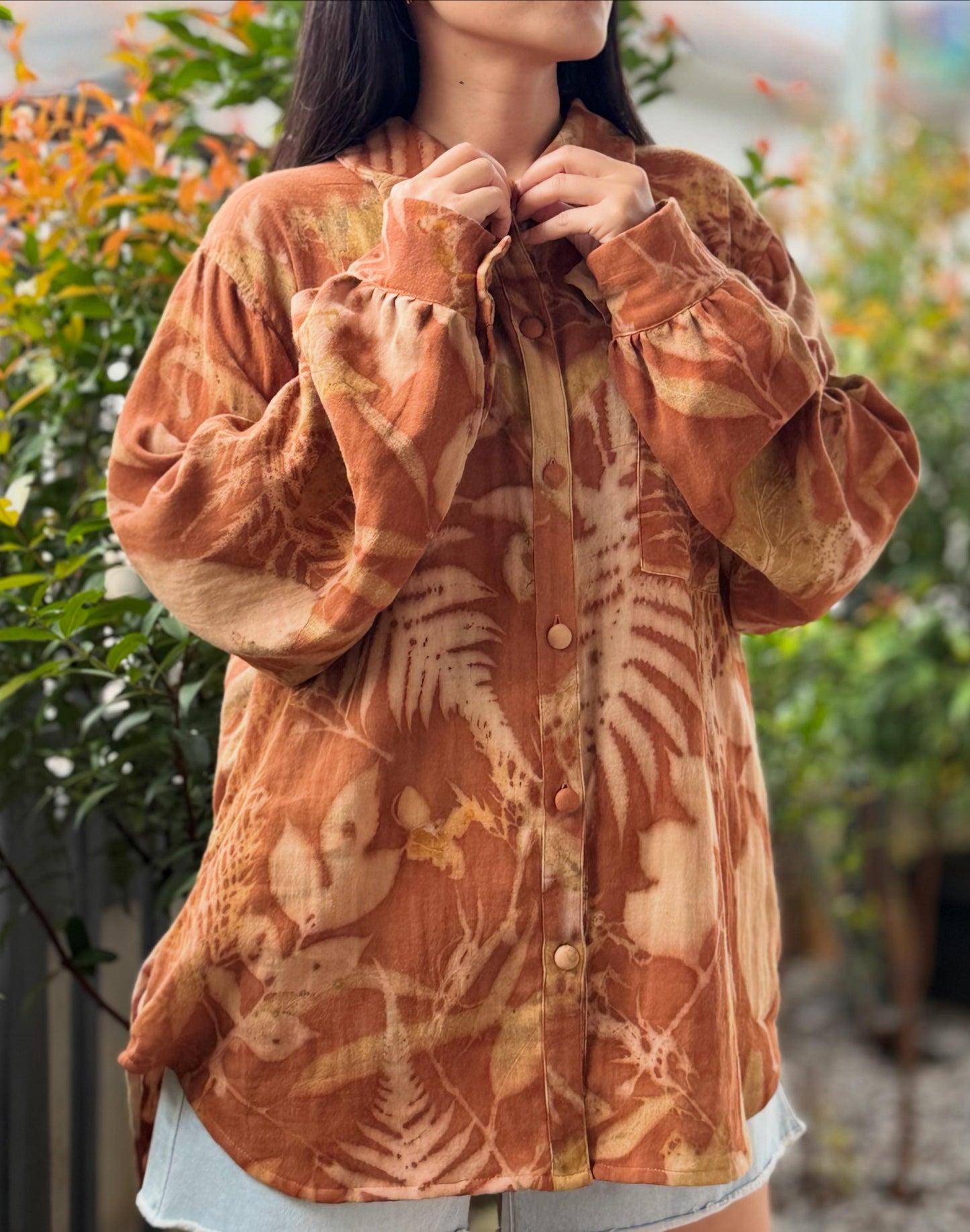 Eco-Printed Shirt | Soft Double Gauze Cotton, Loose Fit, Real Botanical Design