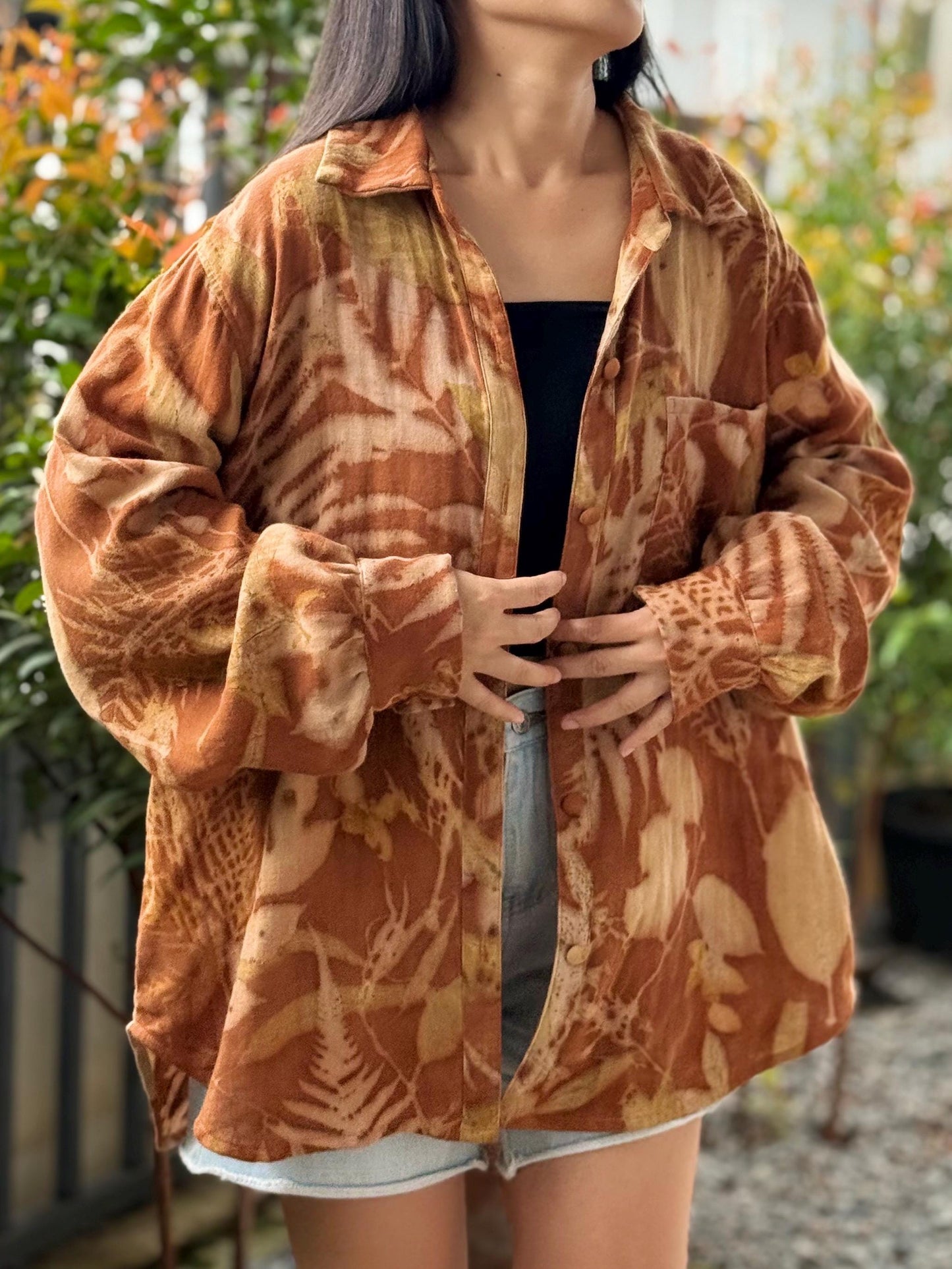 Eco-Printed Shirt | Soft Double Gauze Cotton, Loose Fit, Real Botanical Design