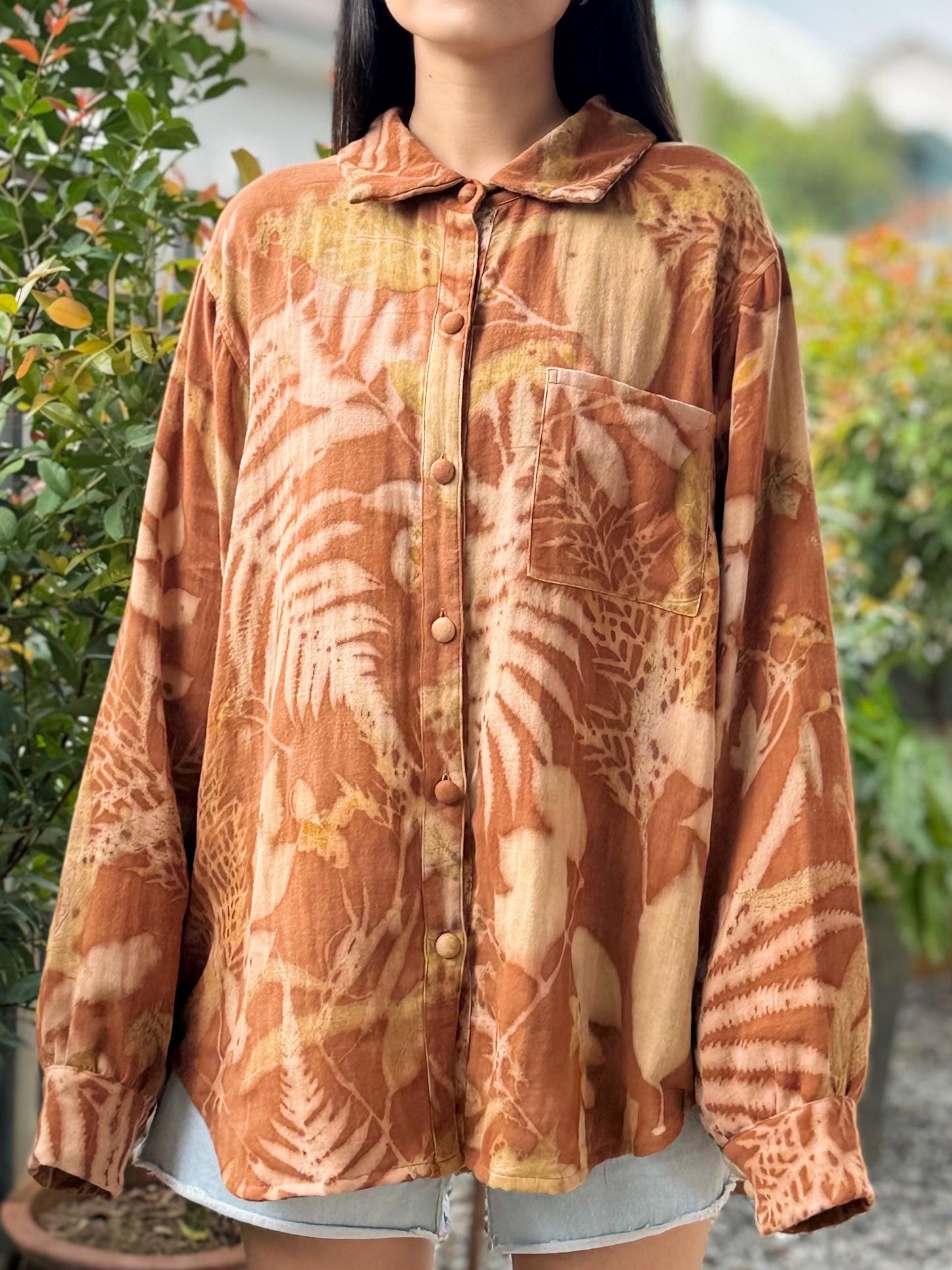 Eco-Printed Shirt | Soft Double Gauze Cotton, Loose Fit, Real Botanical Design