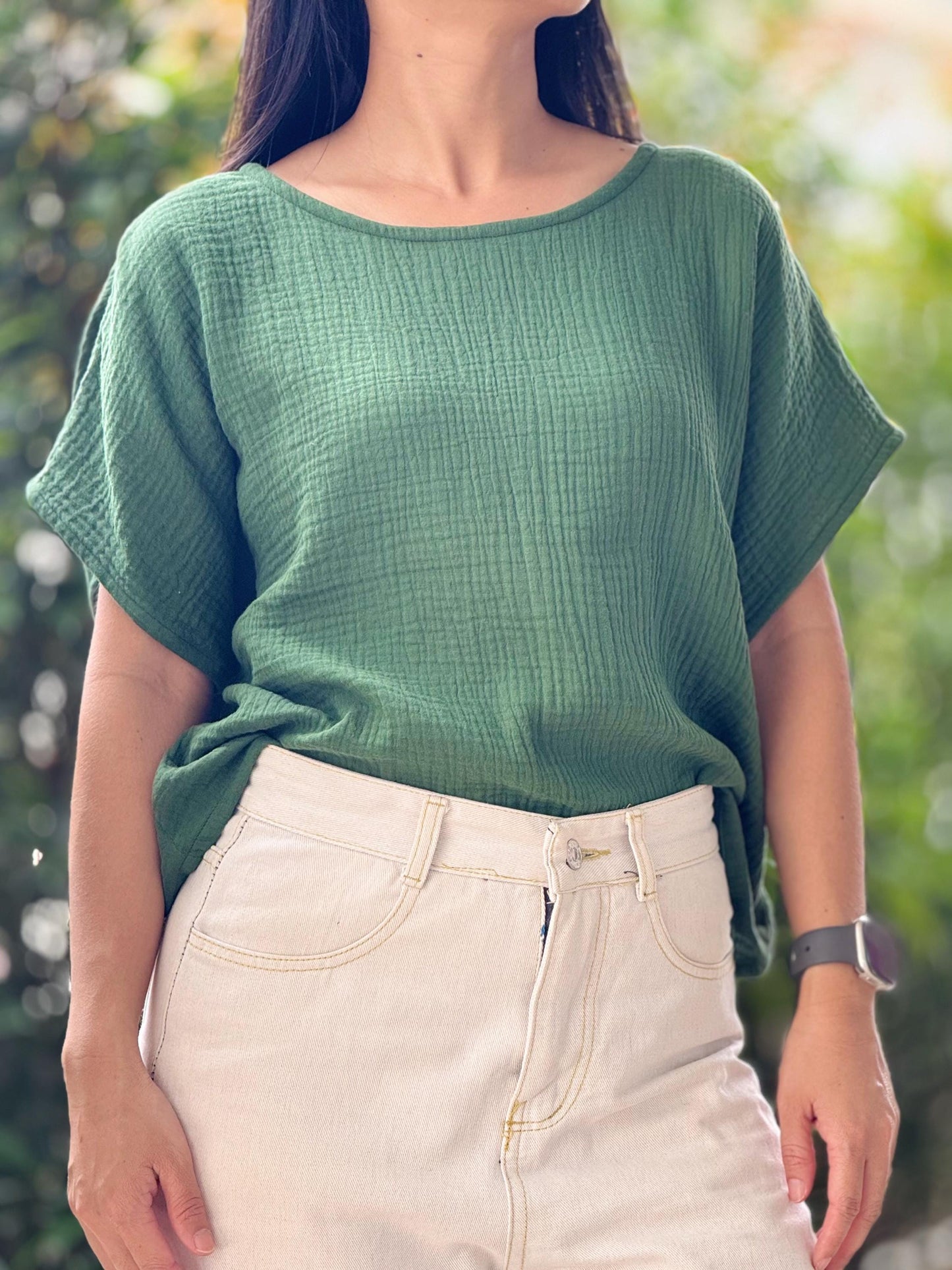 Double Gauze Boat Neck Loose-Fitting Short-Sleeve Blouse