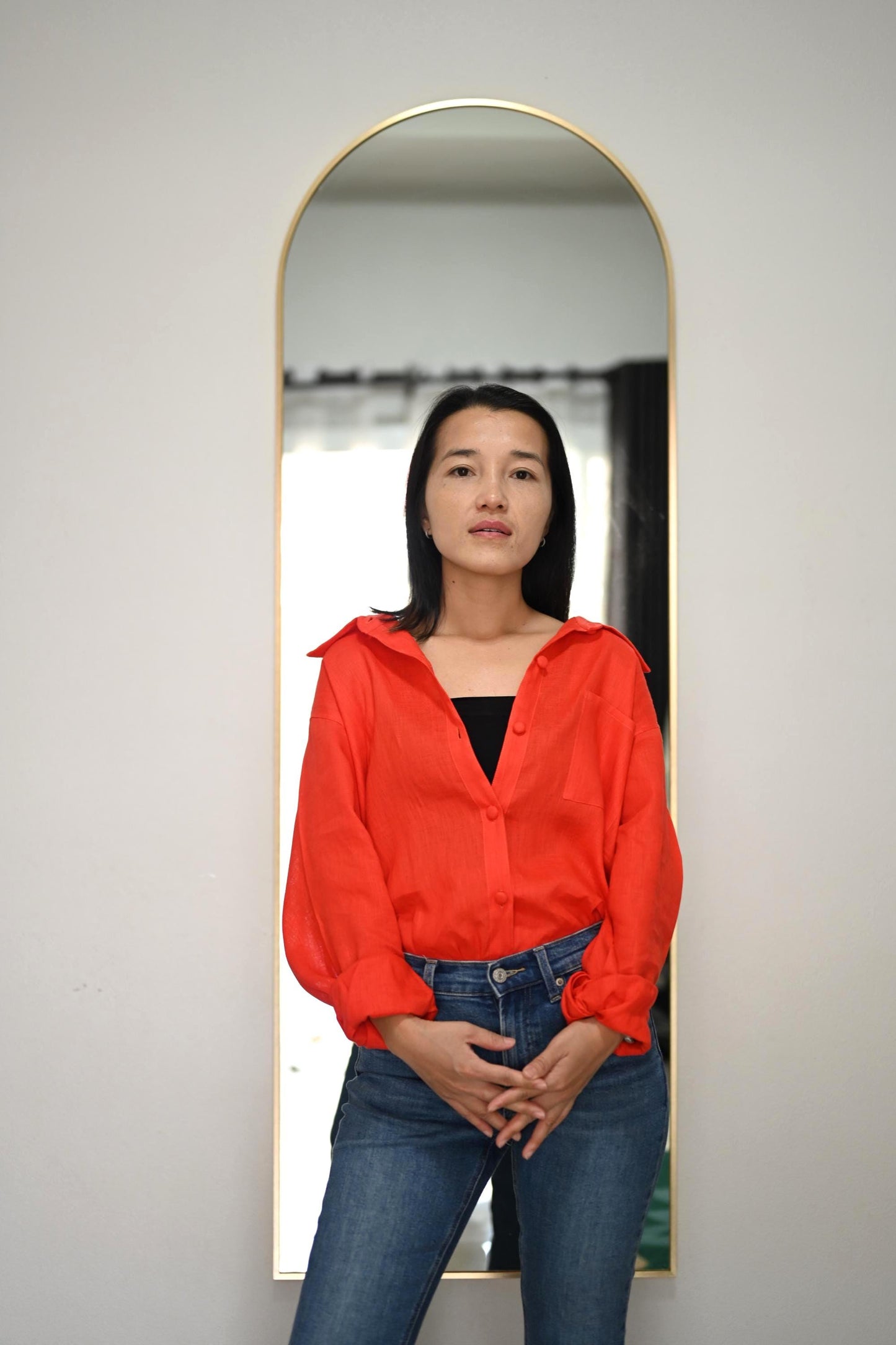 Red Orange Linen Blouse | Loose Fit Shirt