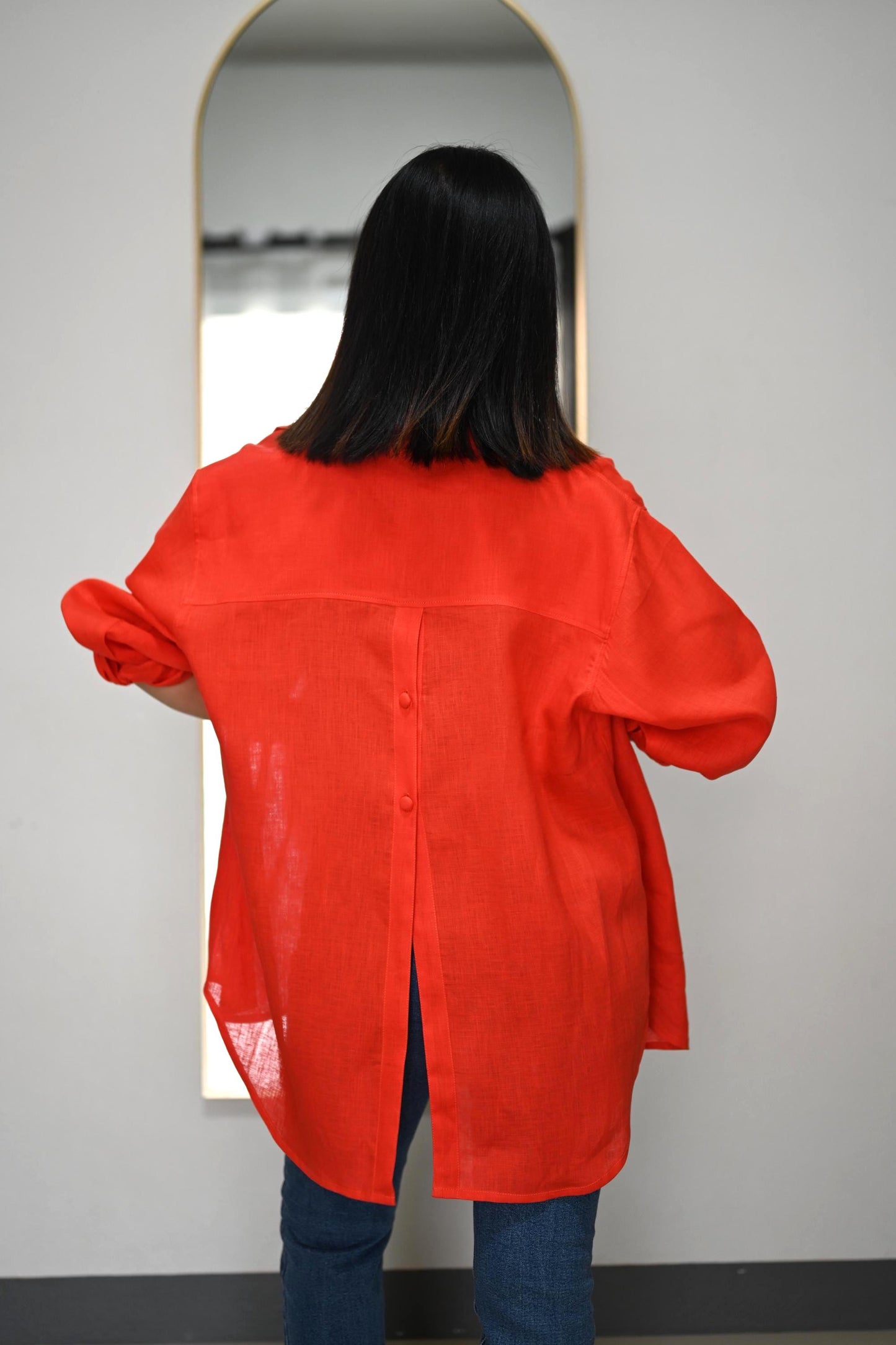 Red Orange Linen Blouse | Loose Fit Shirt
