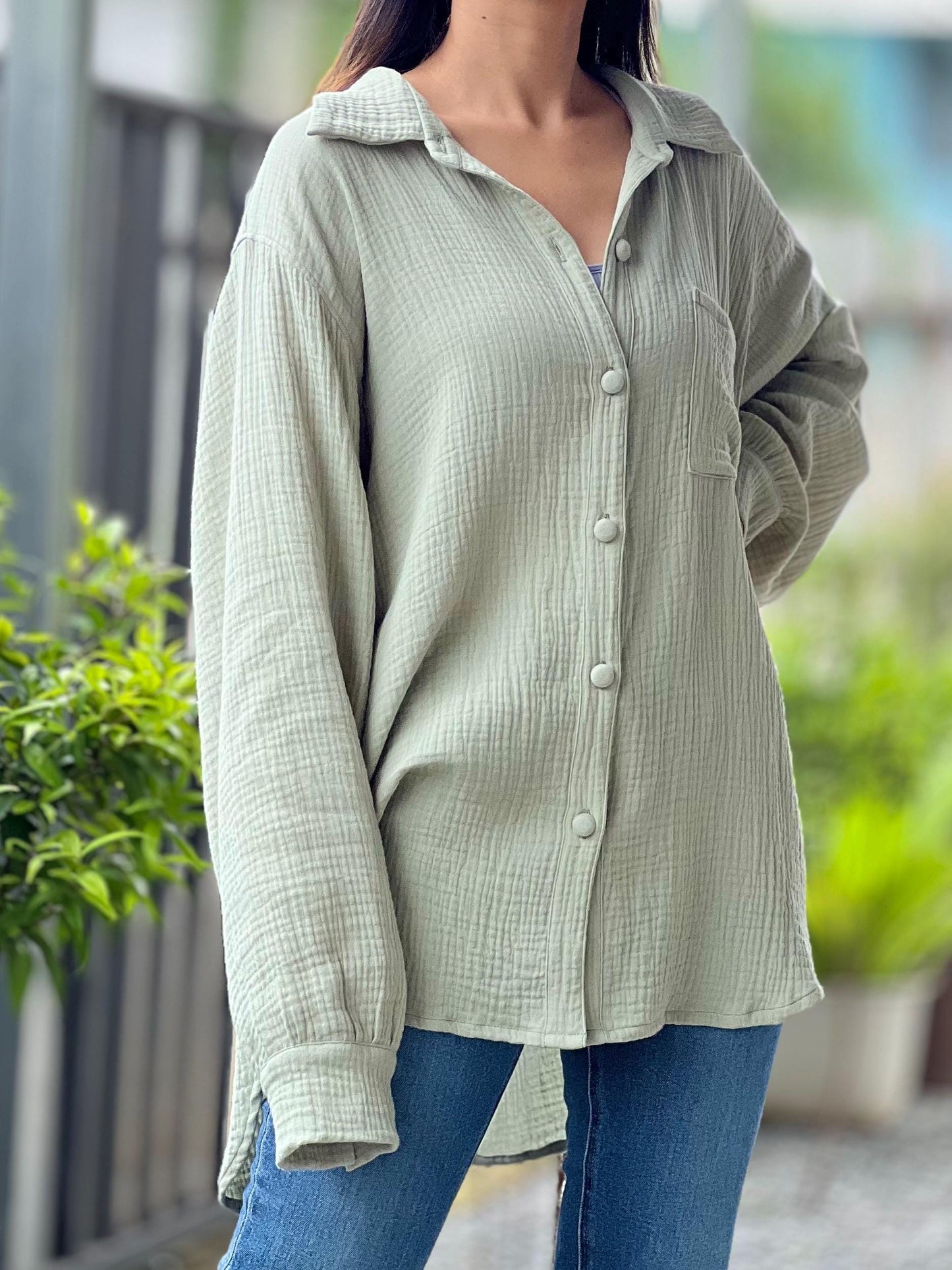 Double Gauze Loose-Fitting Long Sleeve Blouse
