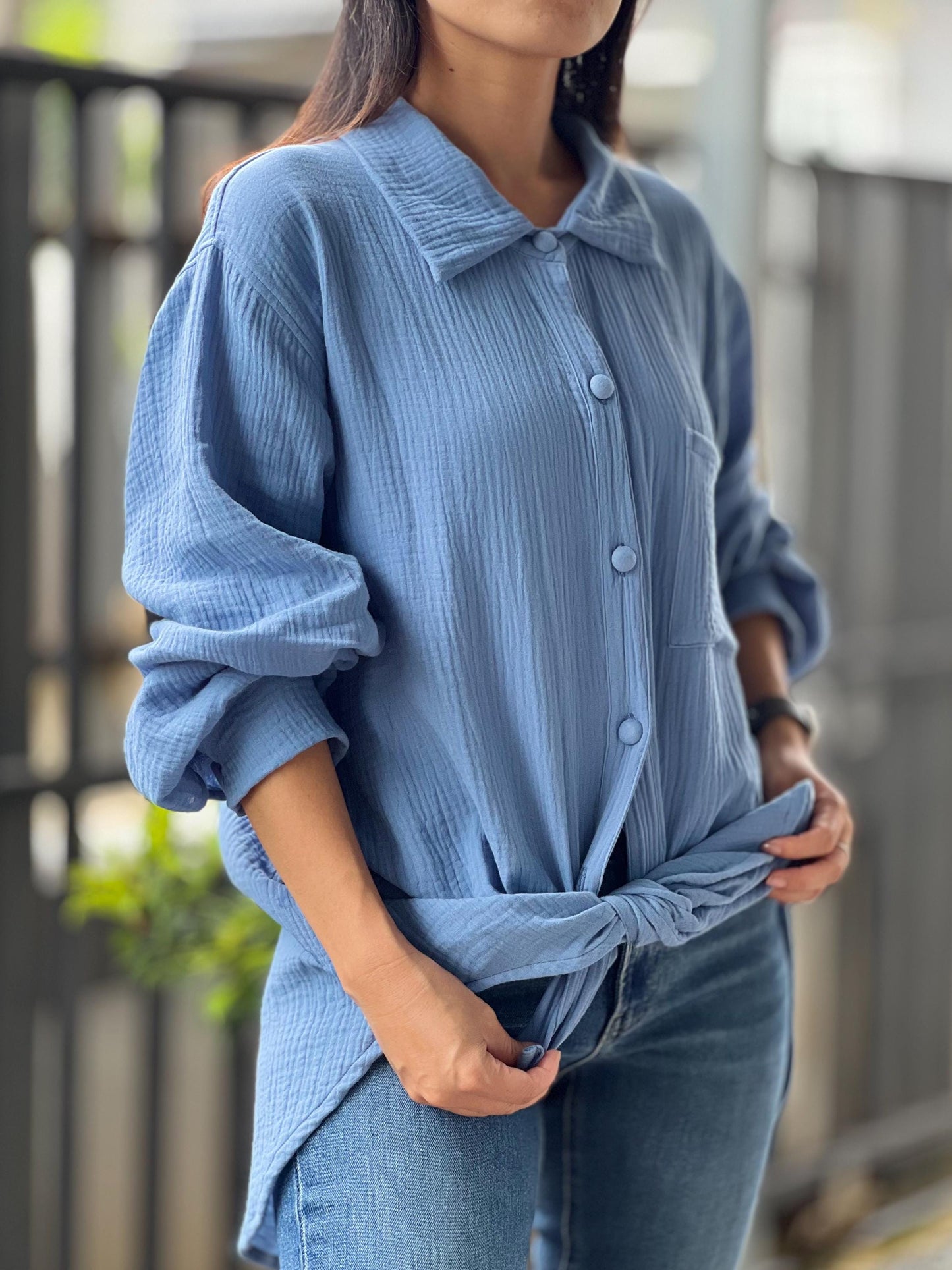 Double Gauze Loose-Fitting Long Sleeve Blouse