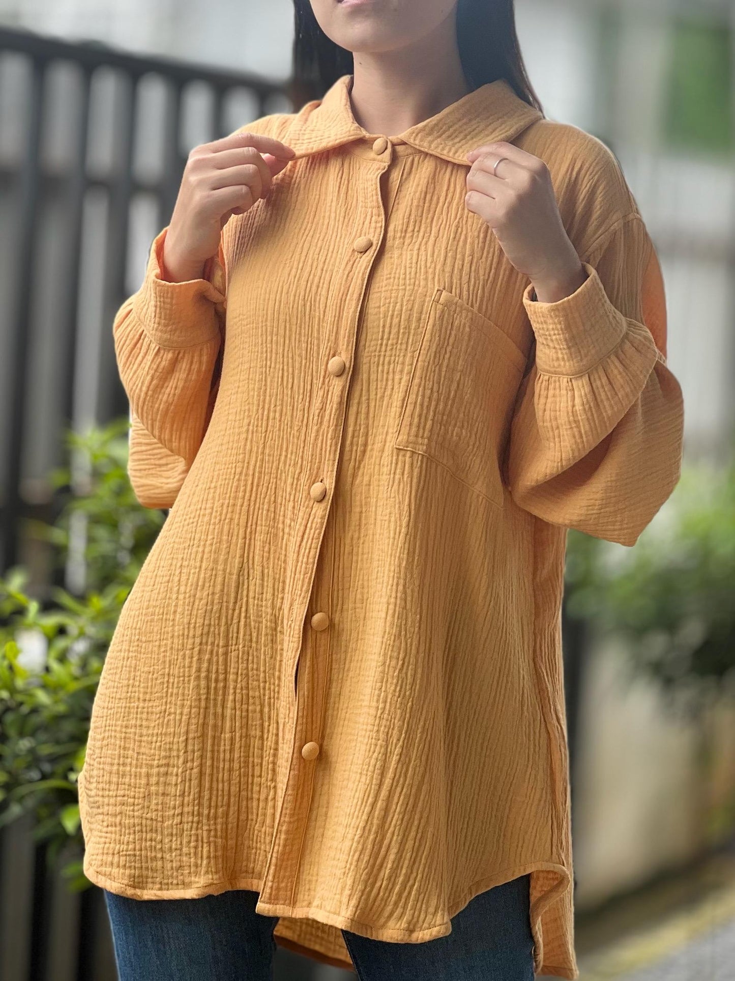 Double Gauze Loose-Fitting Long Sleeve Blouse