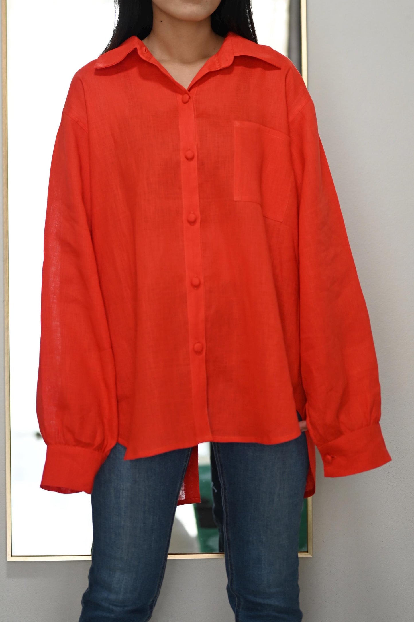 Red Orange Linen Blouse | Loose Fit Shirt