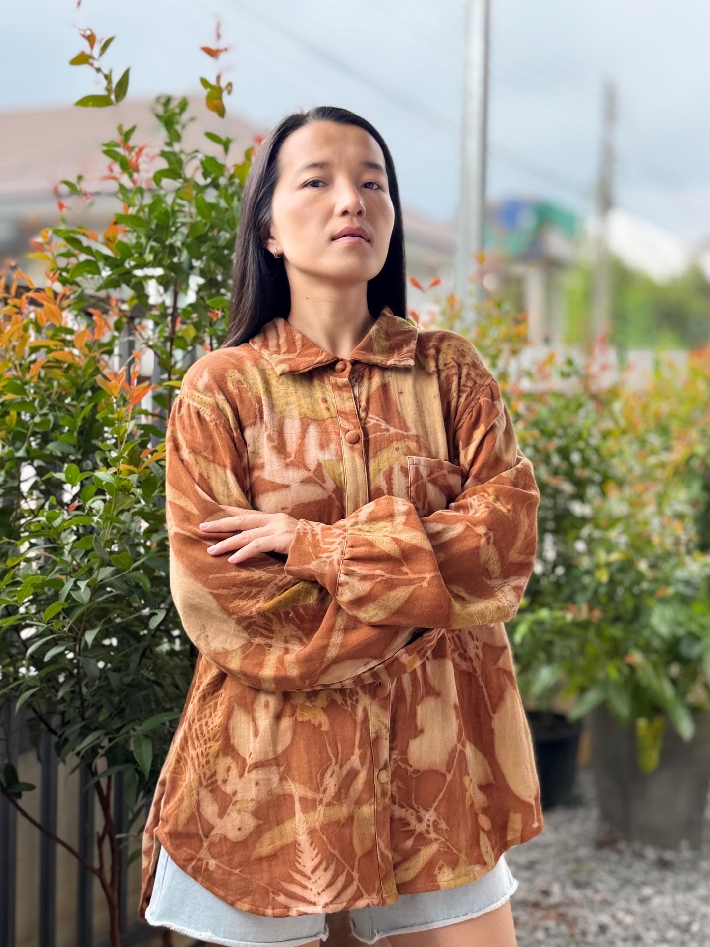 Eco-Printed Shirt | Soft Double Gauze Cotton, Loose Fit, Real Botanical Design