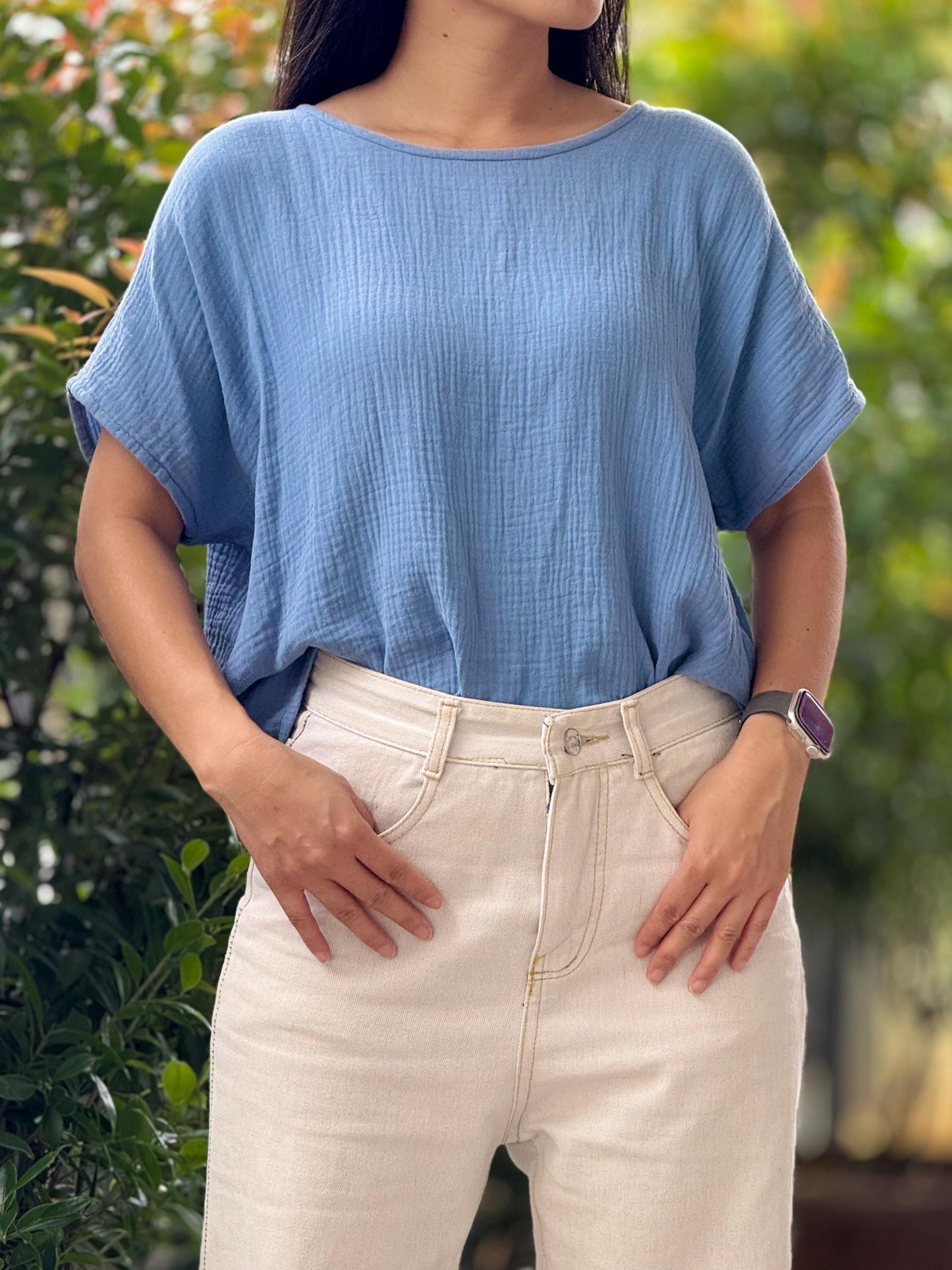 Double Gauze Boat Neck Loose-Fitting Short-Sleeve Blouse