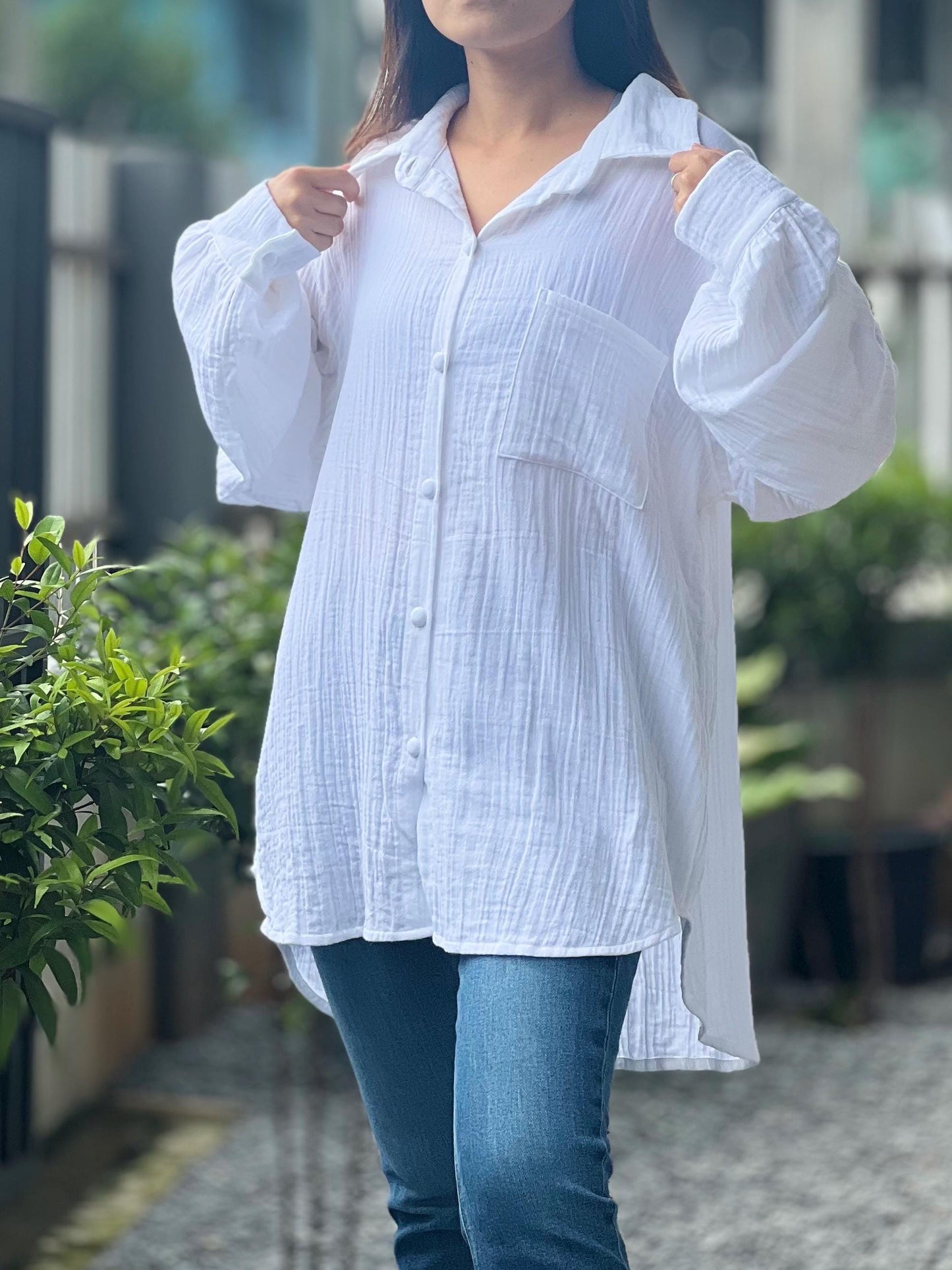 Double Gauze Loose-Fitting Long Sleeve Blouse
