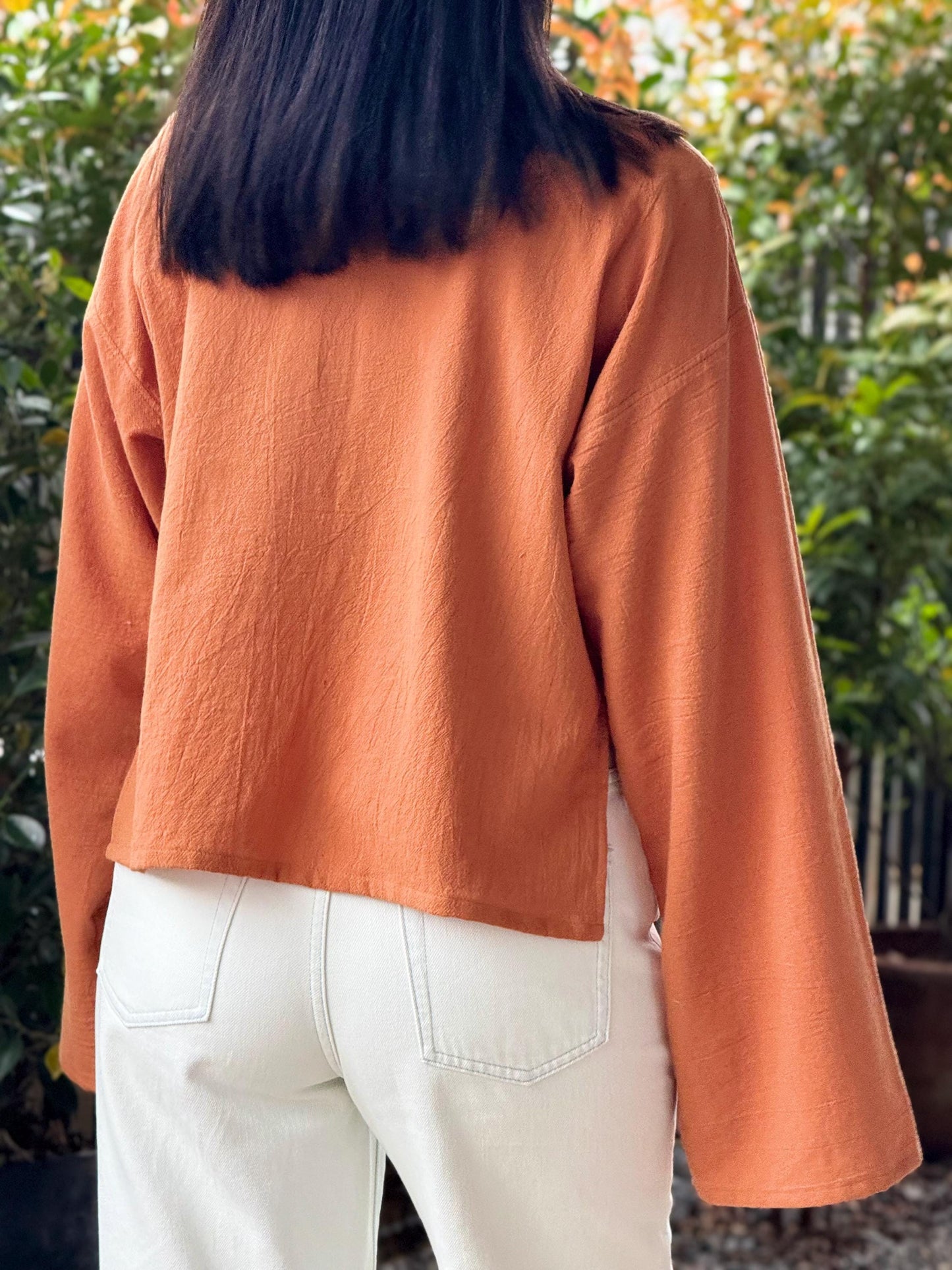 Cotton Wide Neck High-Low Long Sleeve Top