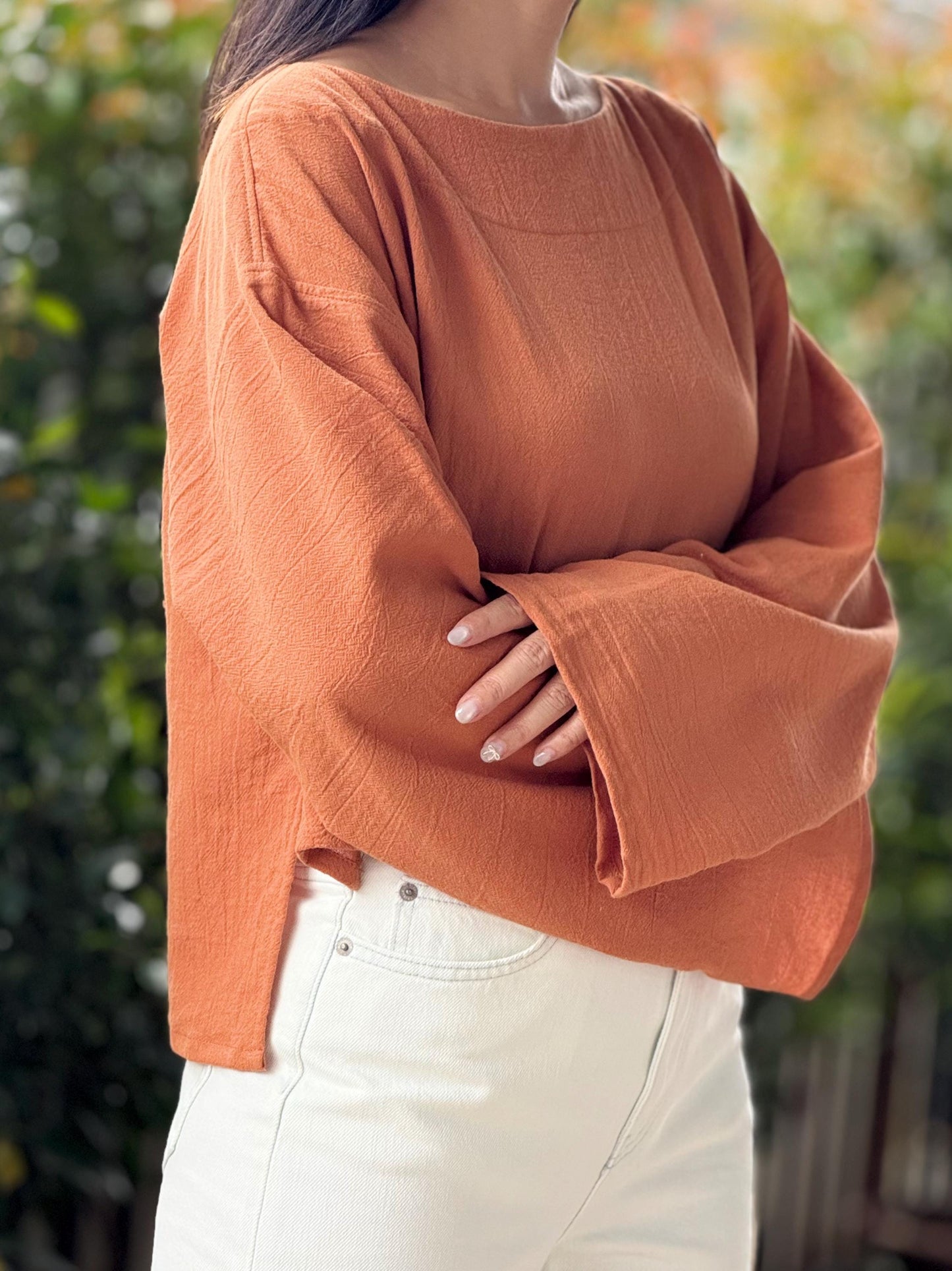 Cotton Wide Neck High-Low Long Sleeve Top